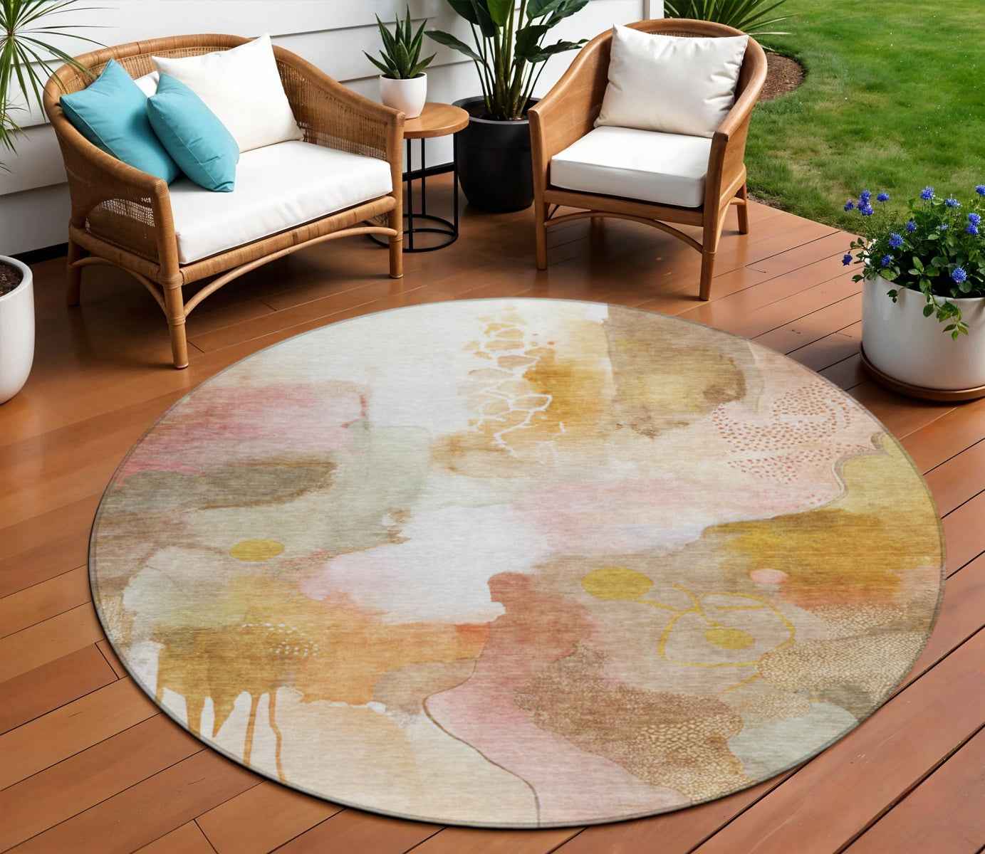 8' Mauve Copper And Ivory Round Abstract Washable Indoor Outdoor Area Rug