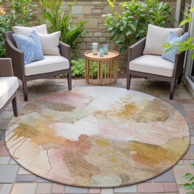 8' Mauve Copper And Ivory Round Abstract Washable Indoor Outdoor Area Rug
