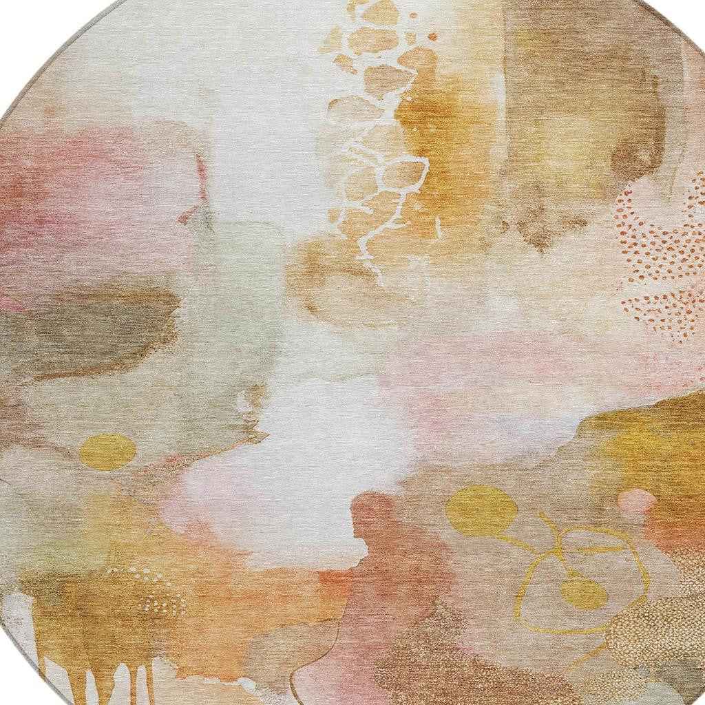 8' Mauve Copper And Ivory Round Abstract Washable Indoor Outdoor Area Rug