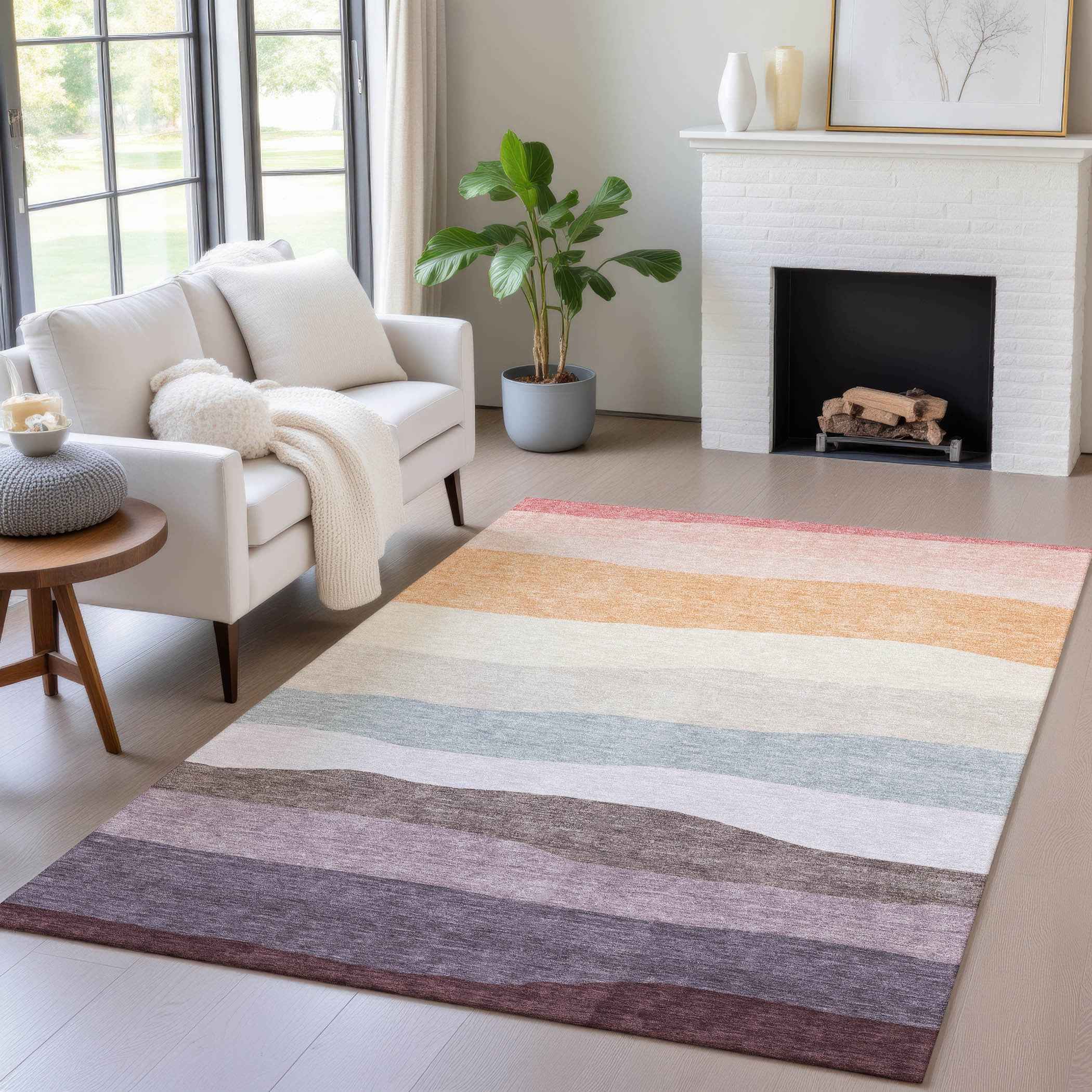 8' X 10' Orange Blush And Lavender Striped Washable Indoor Outdoor Area Rug