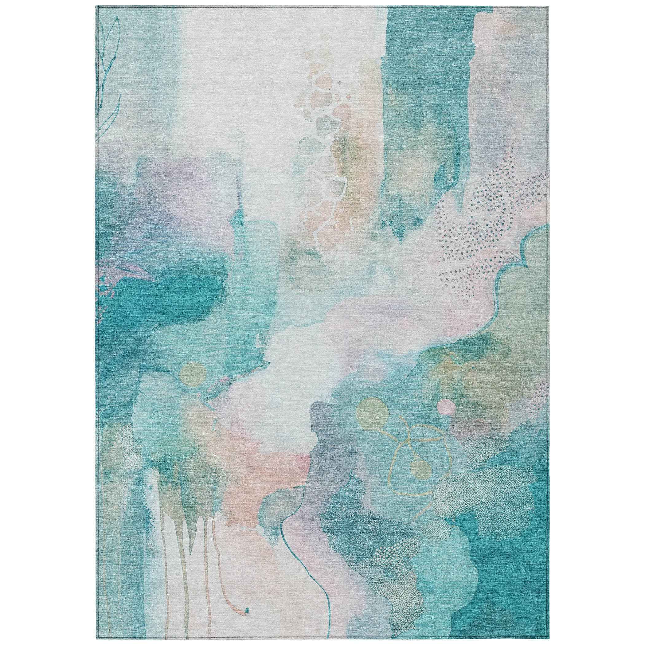 5' X 8' Turquoise Blush And Ivory Abstract Washable Indoor Outdoor Area Rug Default Title