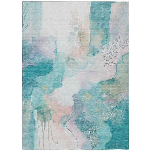 5' X 8' Turquoise Blush And Ivory Abstract Washable Indoor Outdoor Area Rug Default Title