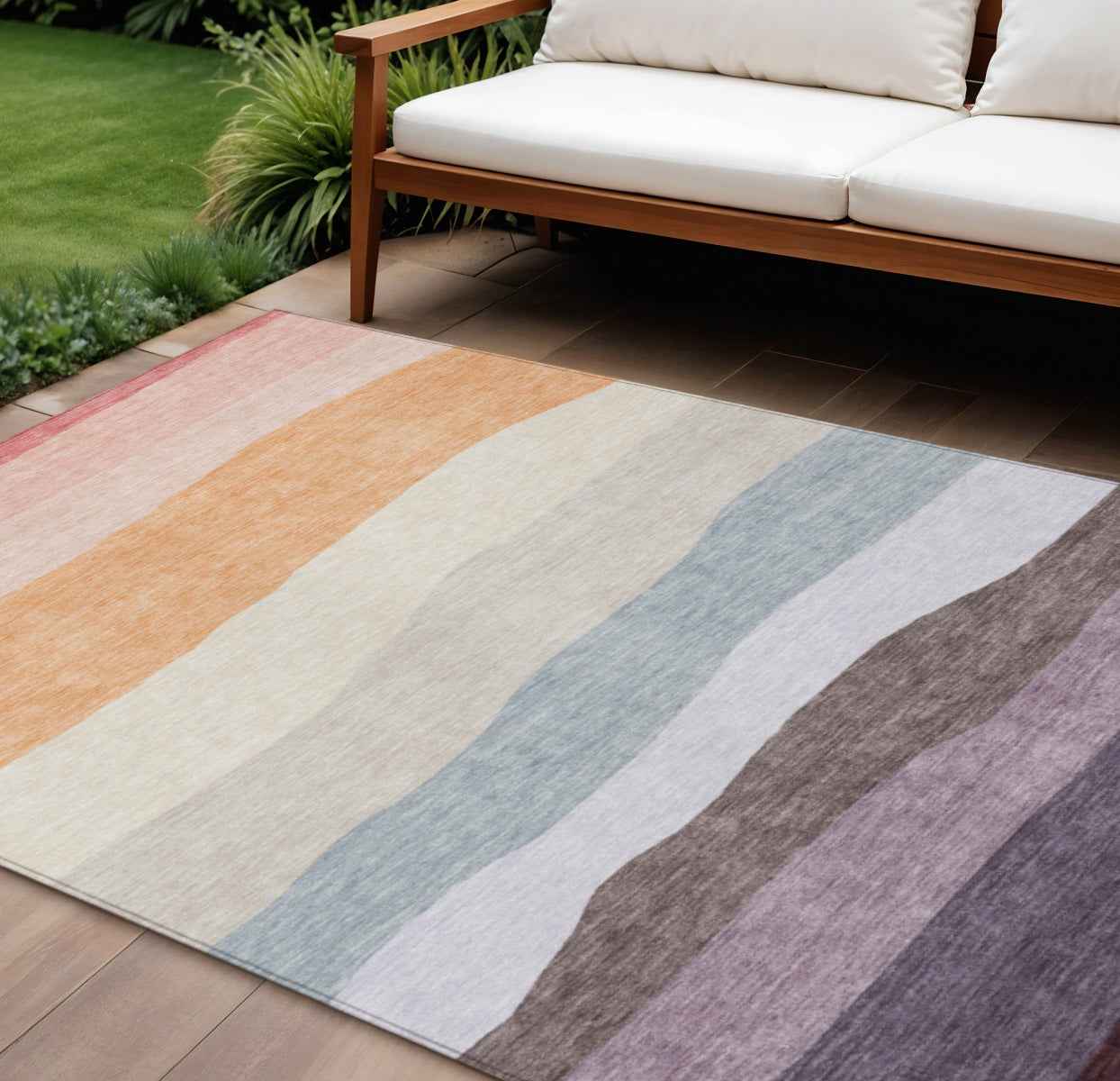 8' X 10' Orange Blush And Lavender Striped Washable Indoor Outdoor Area Rug