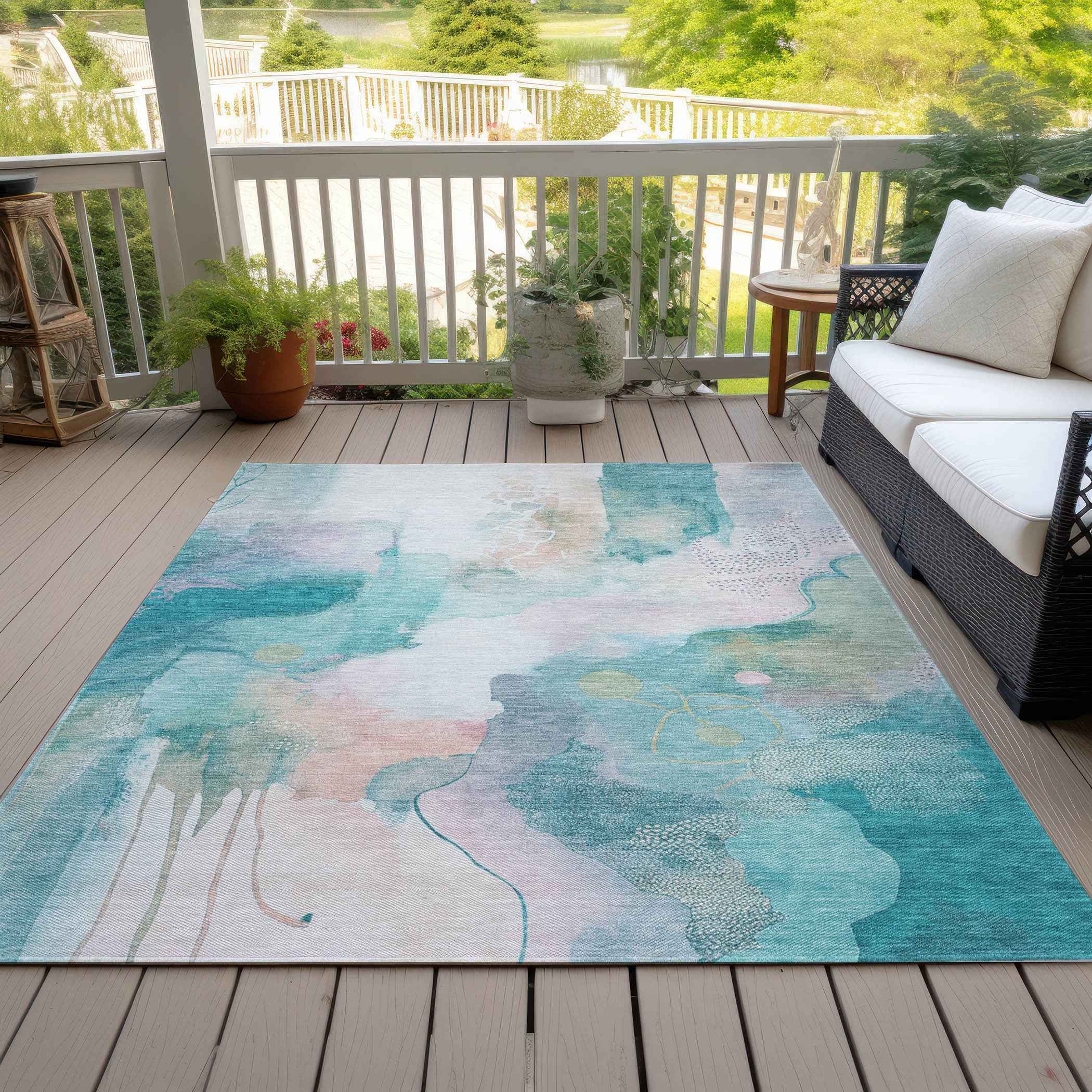 5' X 8' Turquoise Blush And Ivory Abstract Washable Indoor Outdoor Area Rug