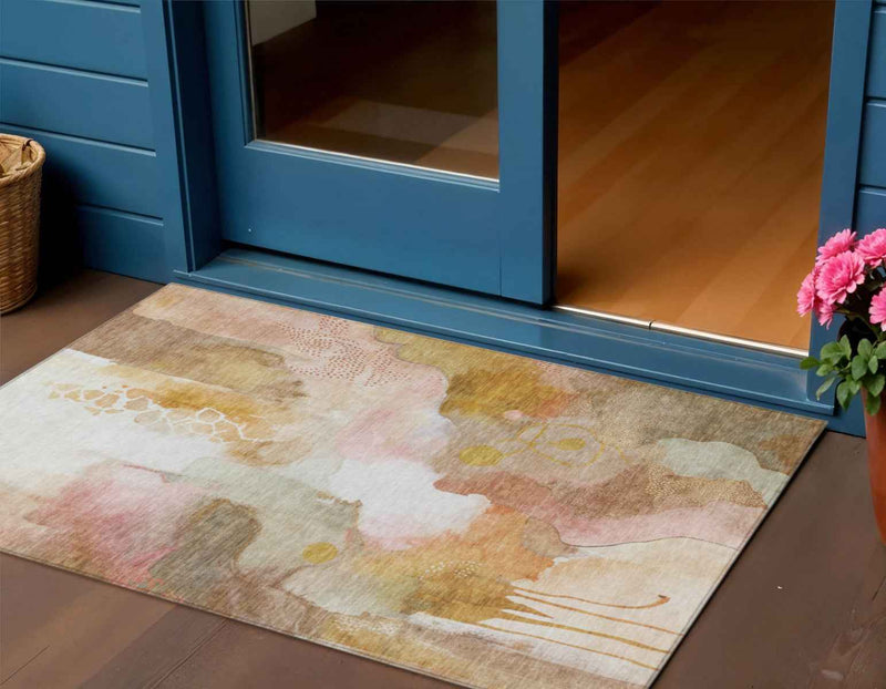 3' X 5' Mauve Copper And Ivory Abstract Washable Indoor Outdoor Area Rug