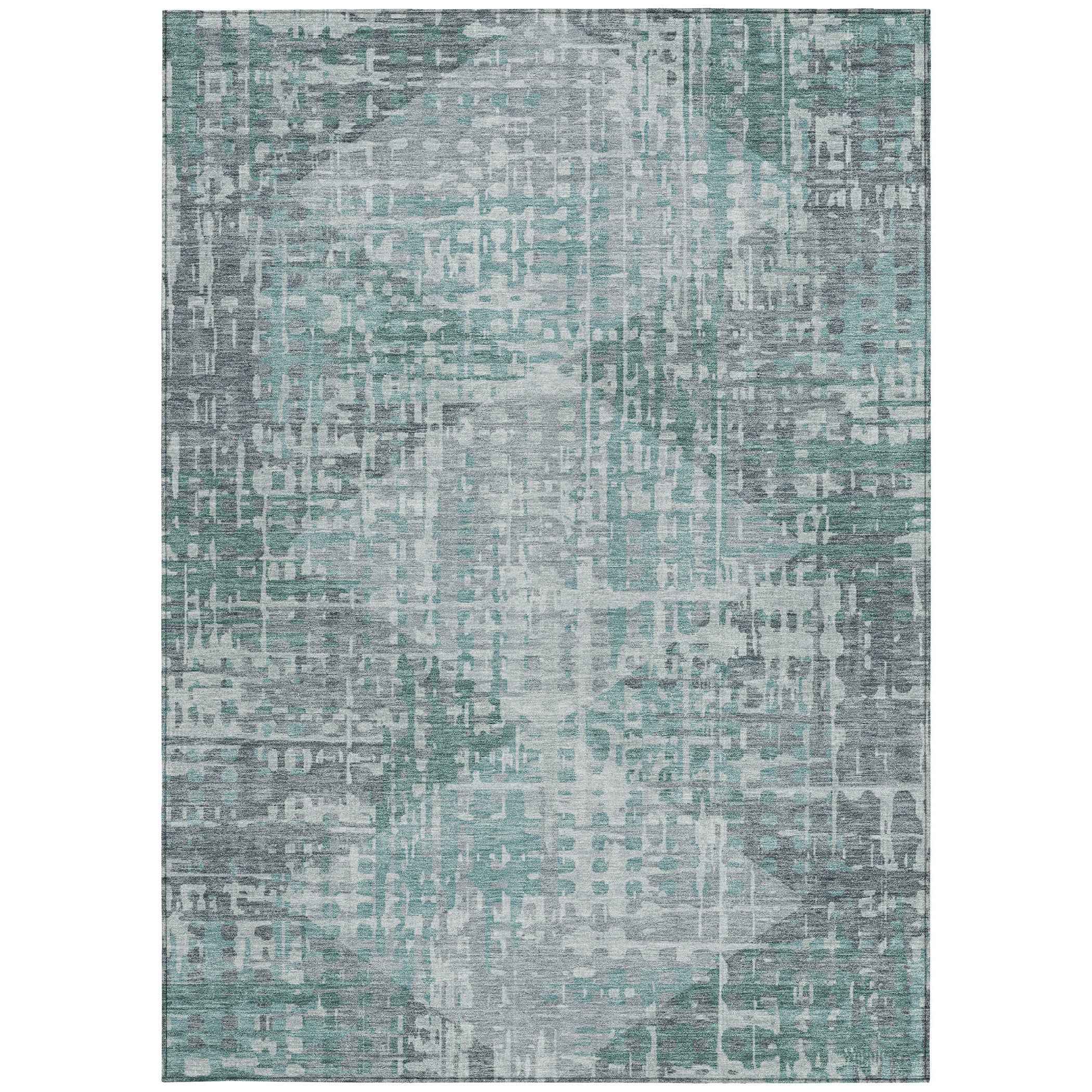 5' X 8' Teal Blue And Gray Geometric Washable Indoor Outdoor Area Rug