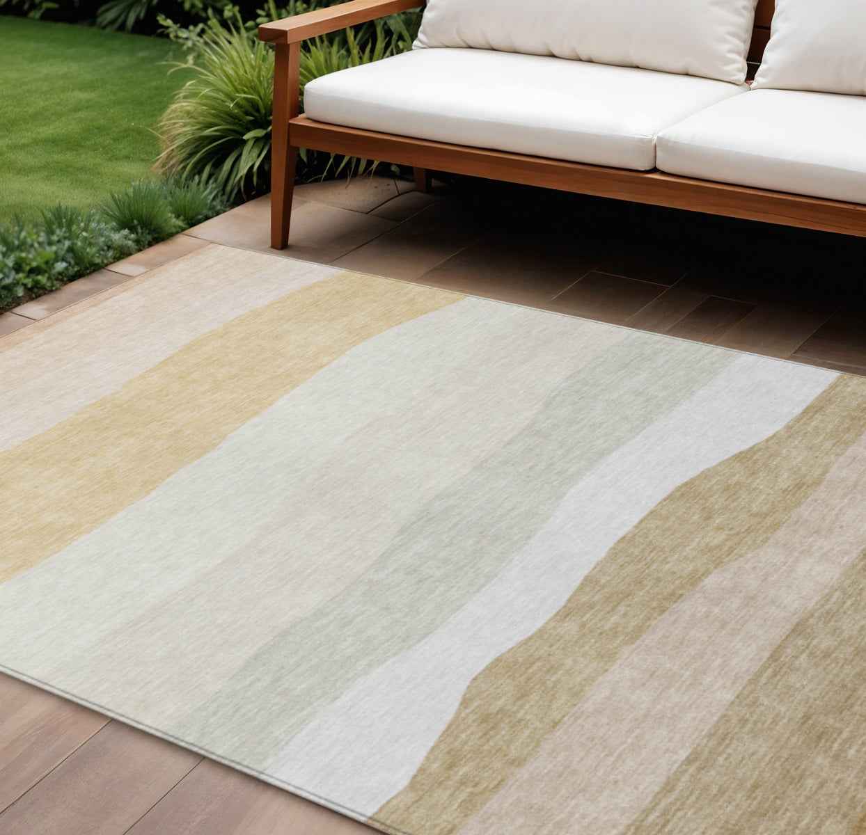 10' X 14' Wheat Gold And Beige Striped Washable Indoor Outdoor Area Rug