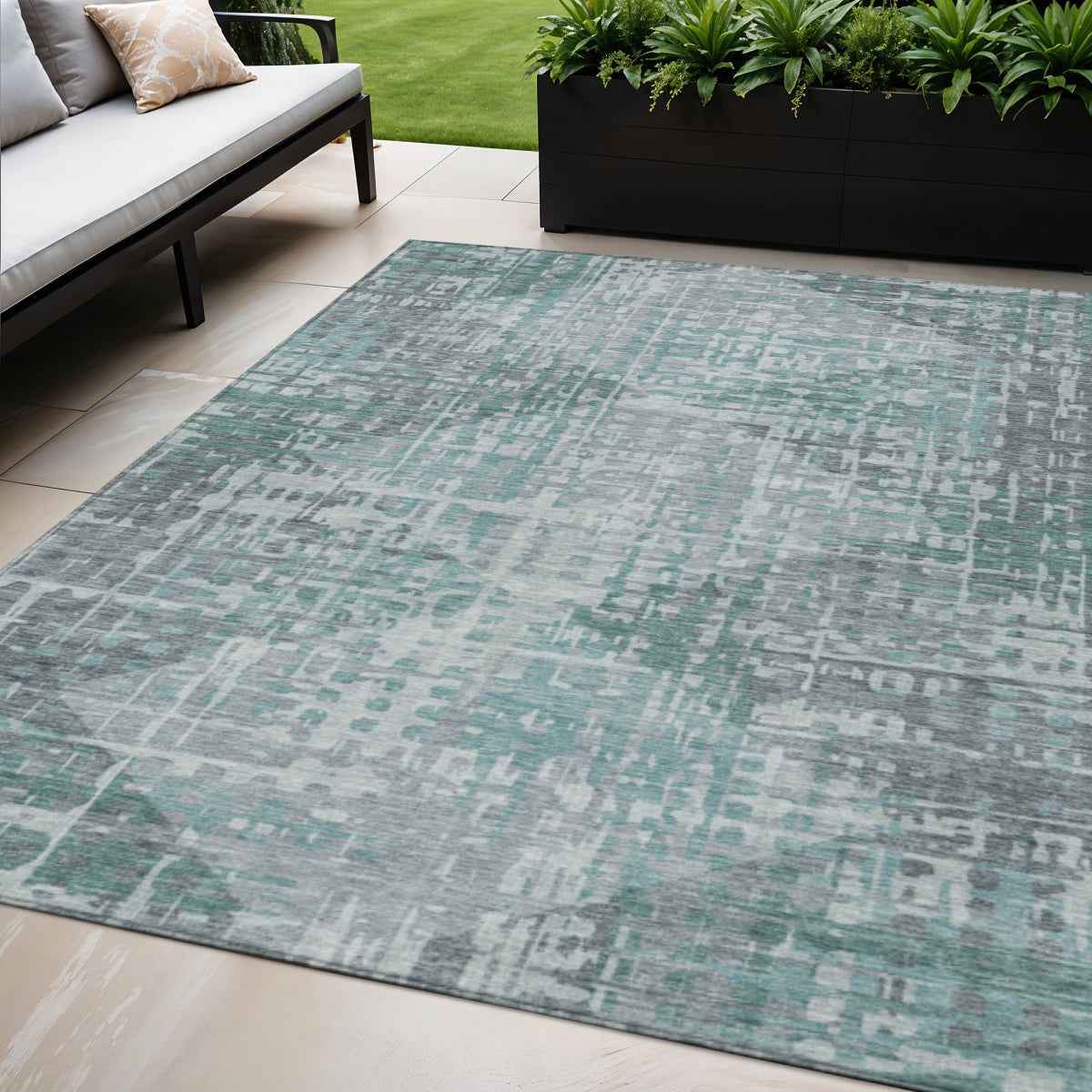 5' X 8' Teal Blue And Gray Geometric Washable Indoor Outdoor Area Rug