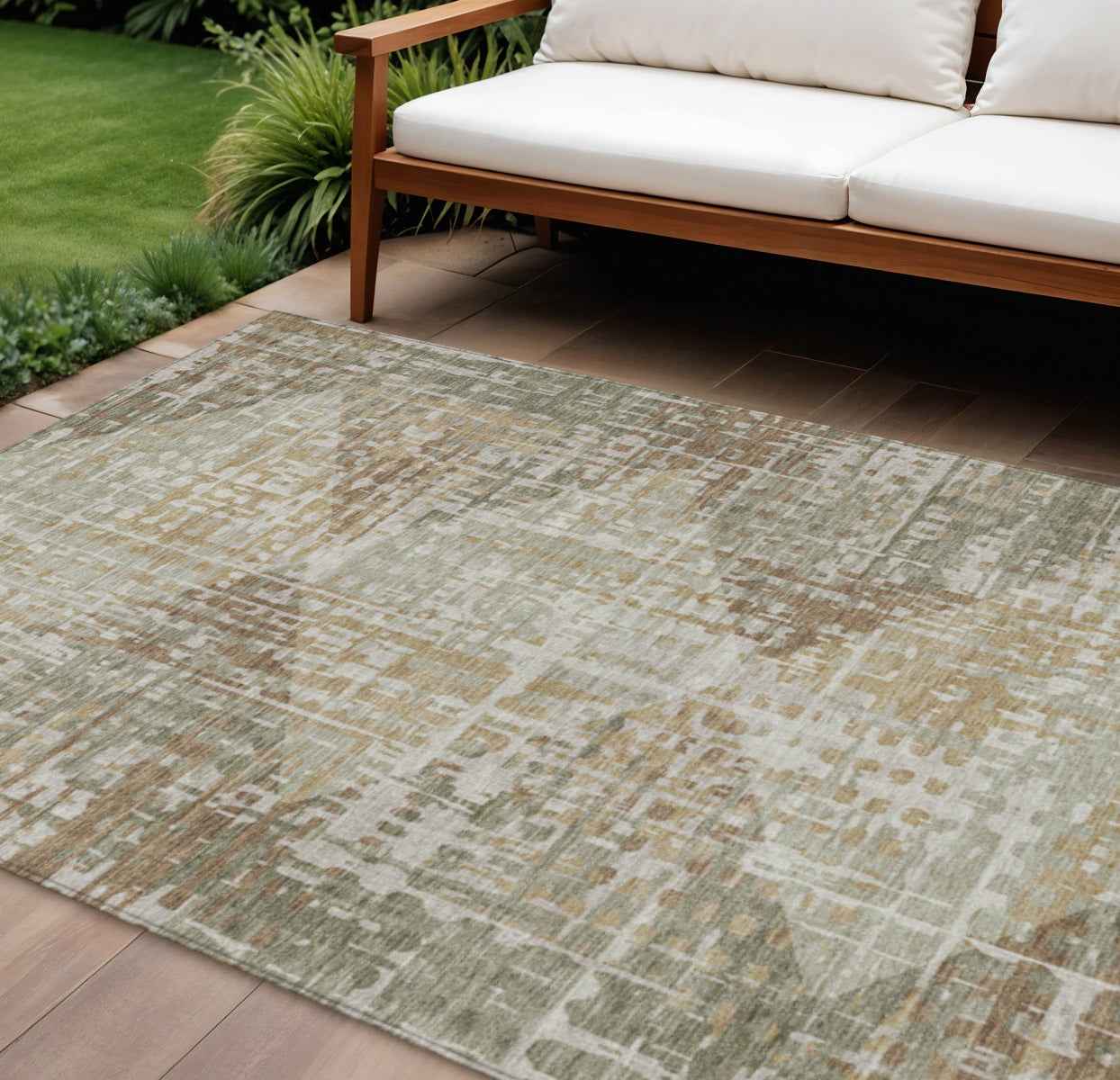 10' X 14' Artichoke Green And Brown Geometric Washable Indoor Outdoor Area Rug