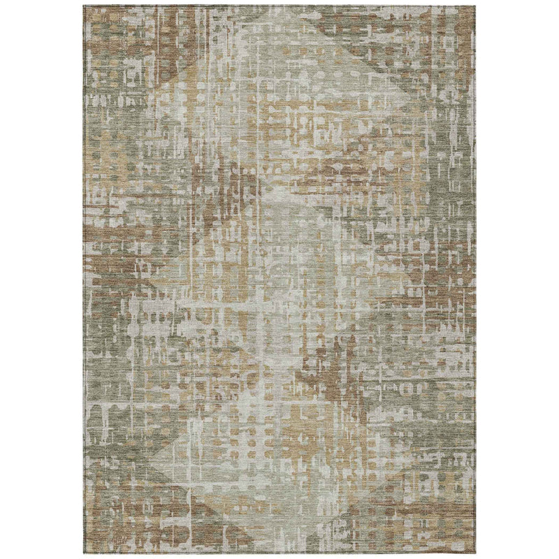 10' X 14' Artichoke Green And Brown Geometric Washable Indoor Outdoor Area Rug