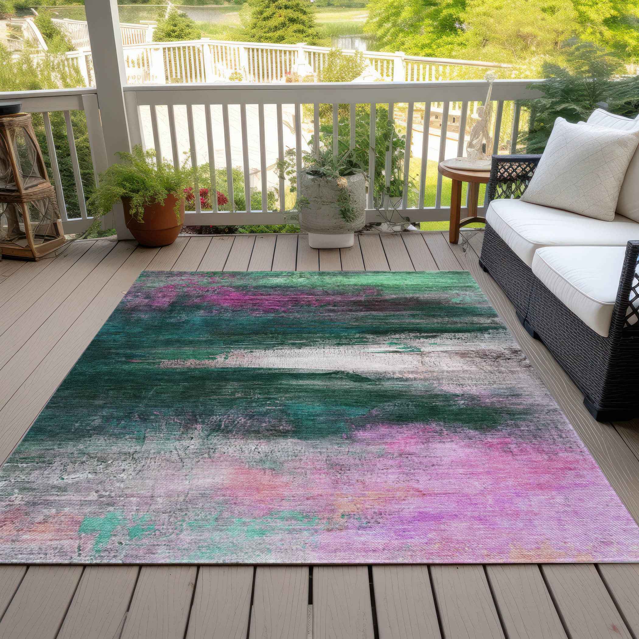 3' X 5' Green Blush And Ivory Abstract Washable Indoor Outdoor Area Rug