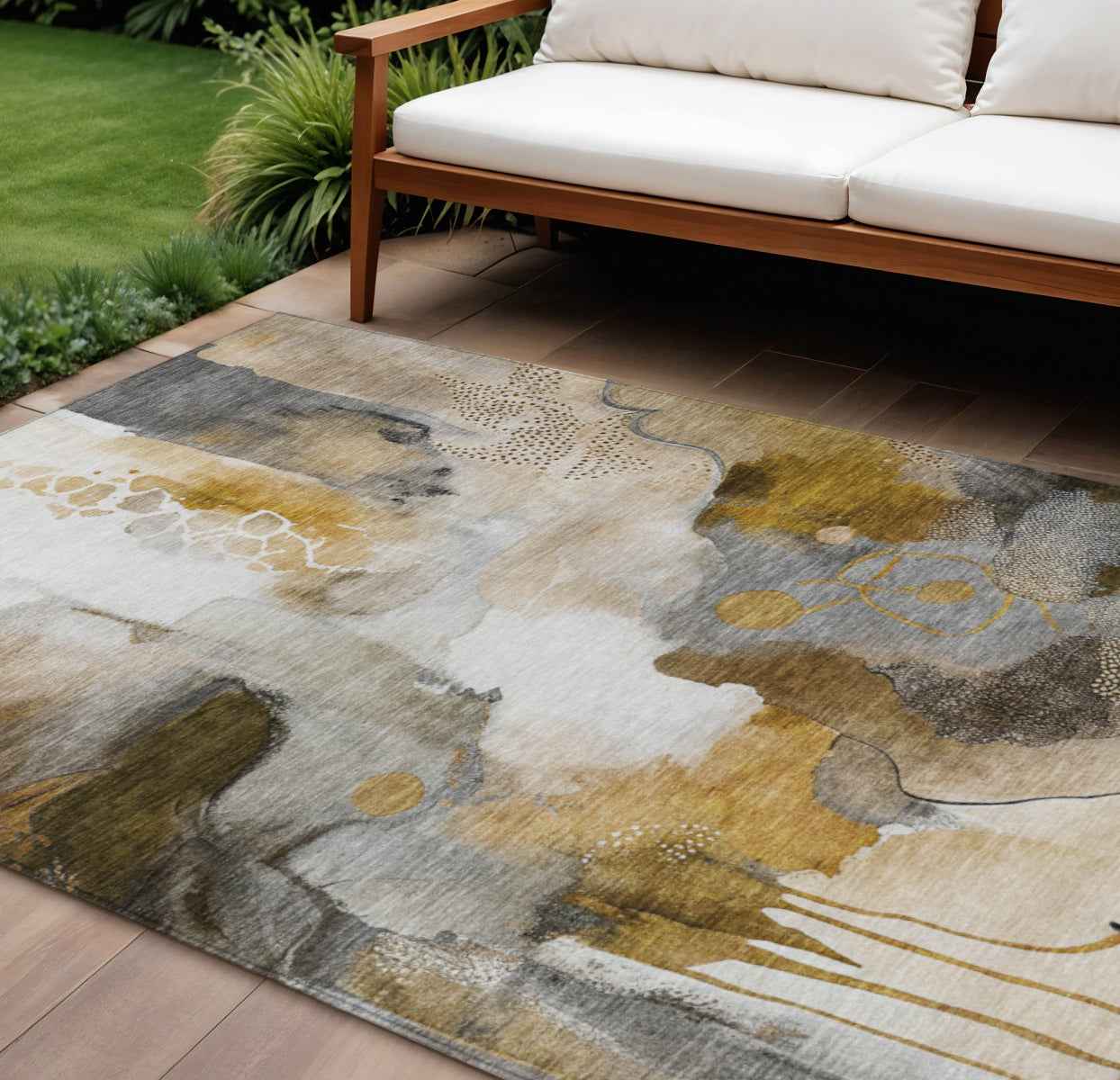 9' X 12' Brown Charcoal And Ivory Abstract Washable Indoor Outdoor Area Rug