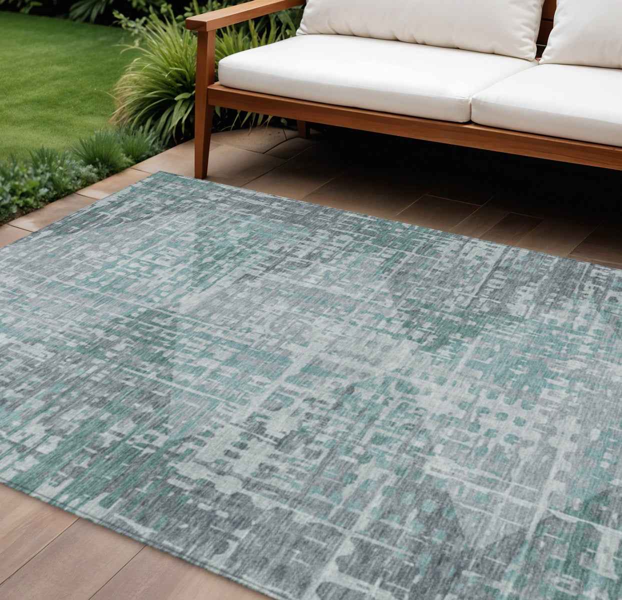 10' X 14' Teal Blue And Gray Geometric Washable Indoor Outdoor Area Rug