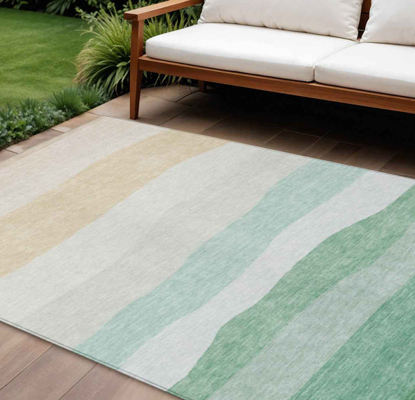 10' X 14' Teal Blue Green And Ivory Striped Washable Indoor Outdoor Area Rug