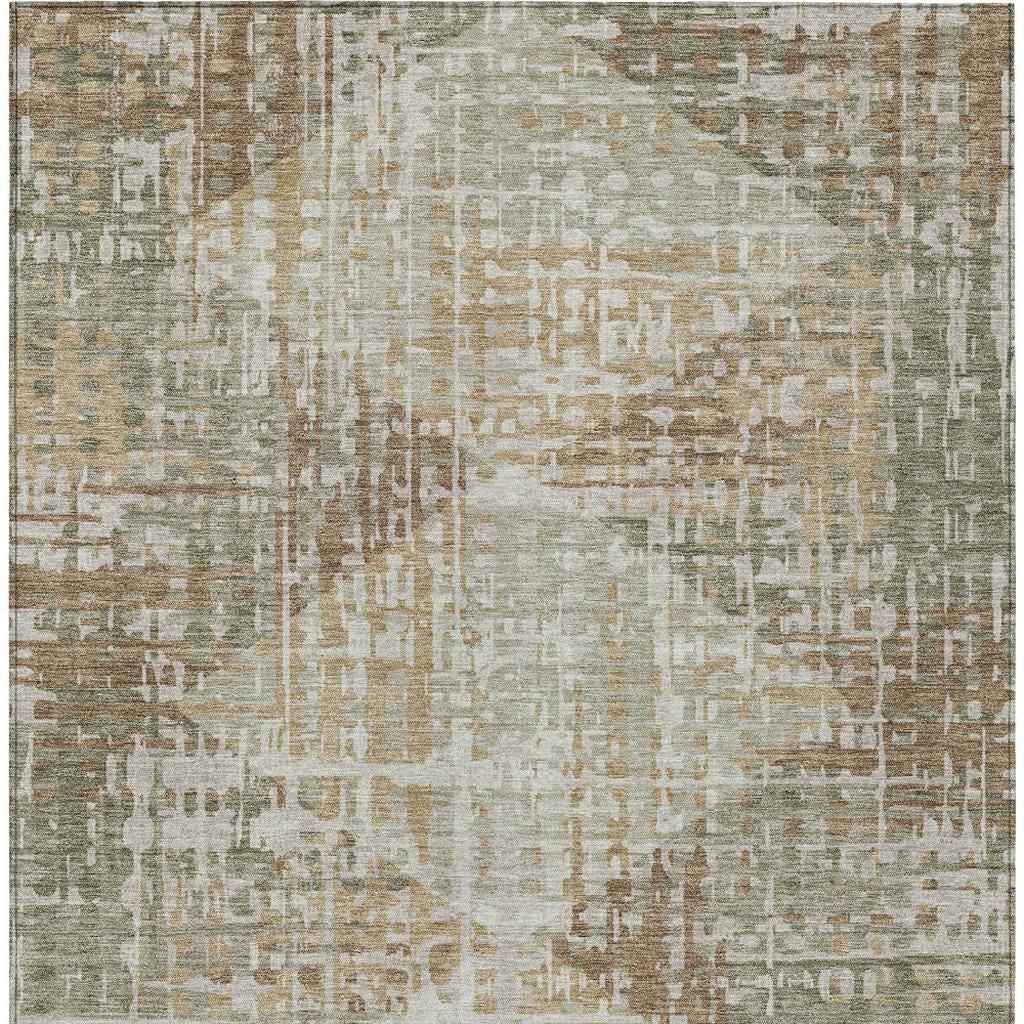 9' X 12' Artichoke Green And Brown Geometric Washable Indoor Outdoor Area Rug