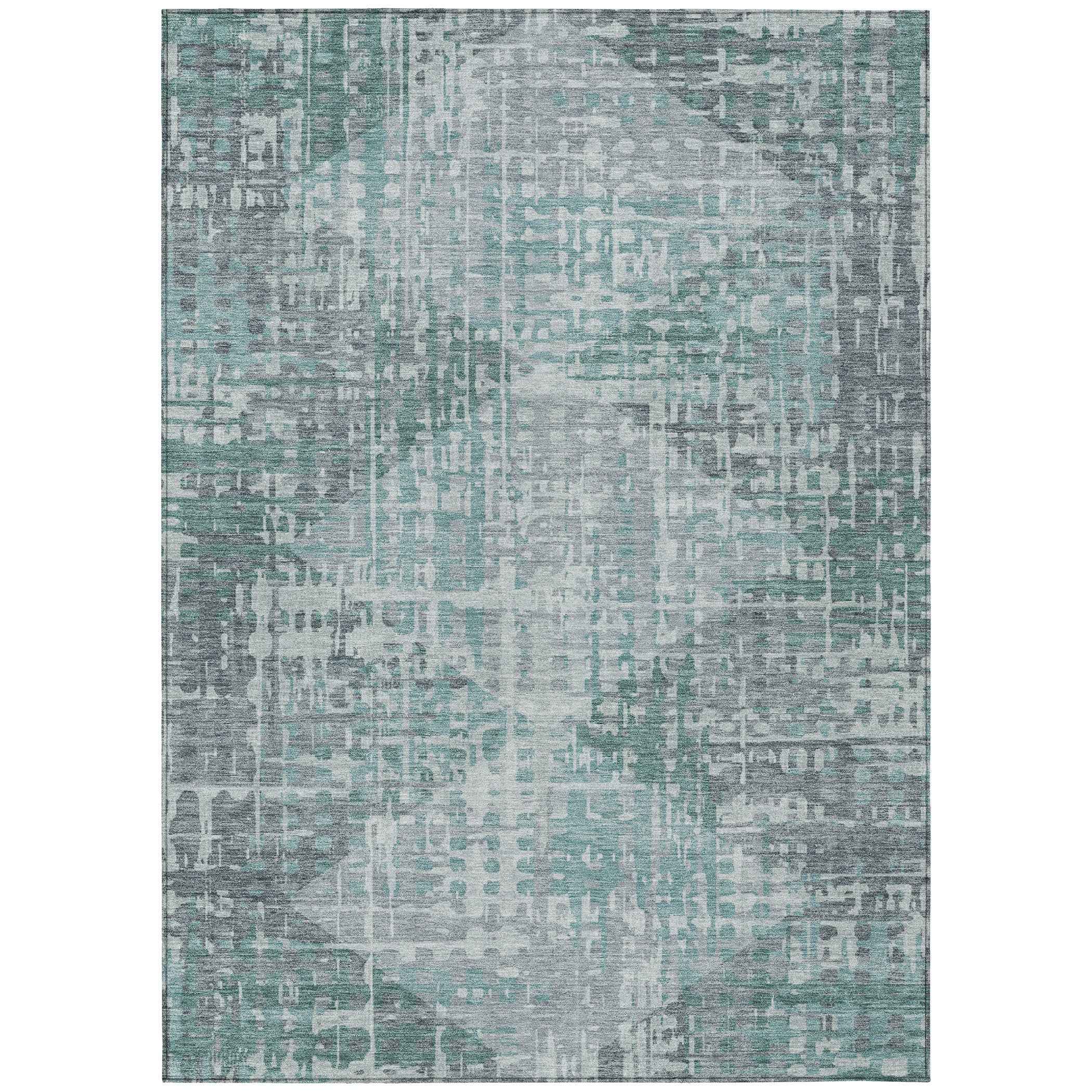 10' X 14' Teal Blue And Gray Geometric Washable Indoor Outdoor Area Rug