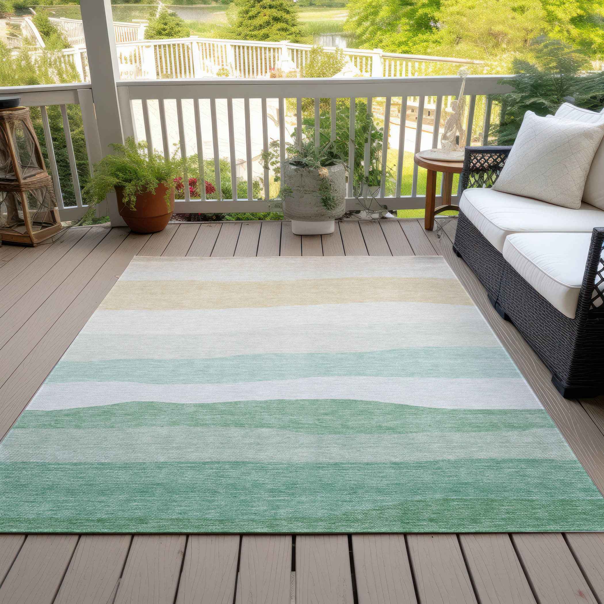 10' X 14' Teal Blue Green And Ivory Striped Washable Indoor Outdoor Area Rug