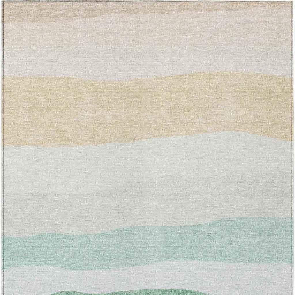 10' X 14' Teal Blue Green And Ivory Striped Washable Indoor Outdoor Area Rug