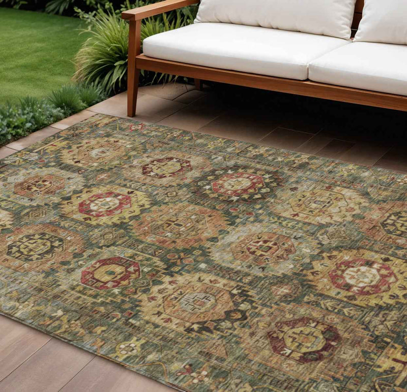 9' X 12' Artichoke Green Gold And Beige Medallion Washable Indoor Outdoor Area Rug