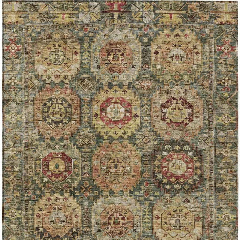 9' X 12' Artichoke Green Gold And Beige Medallion Washable Indoor Outdoor Area Rug