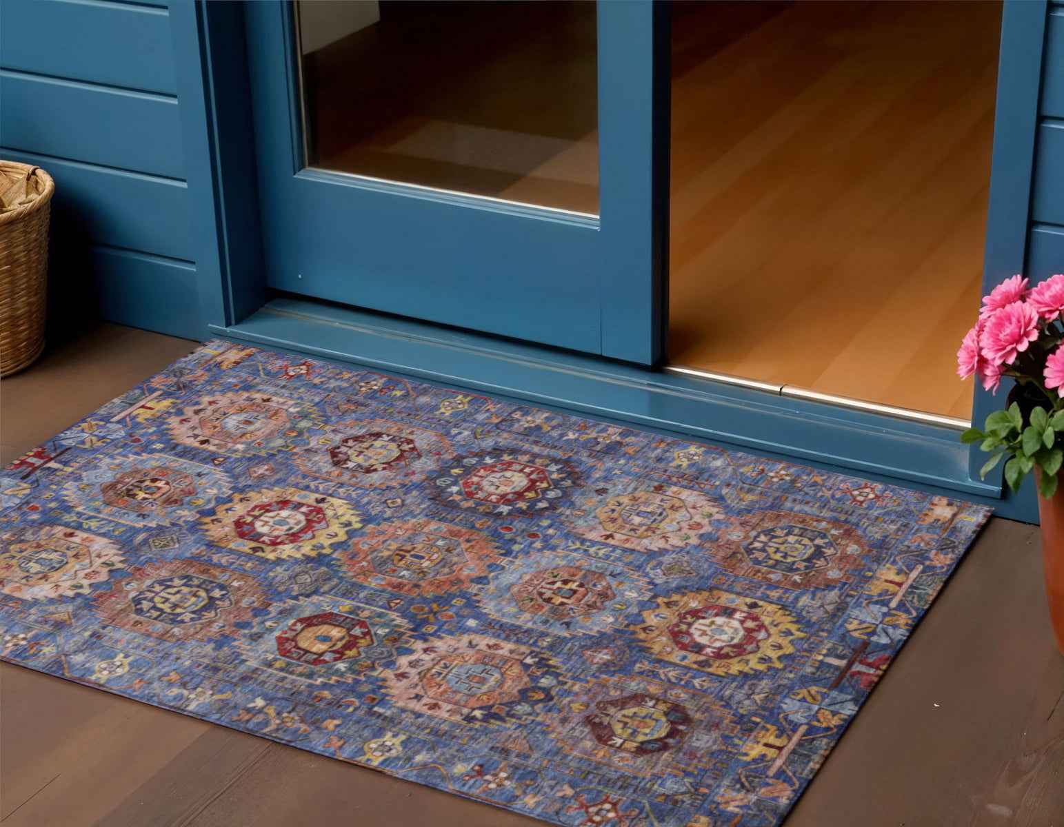 3' X 5' Denim Blue Merlot And Gold Medallion Washable Indoor Outdoor Area Rug