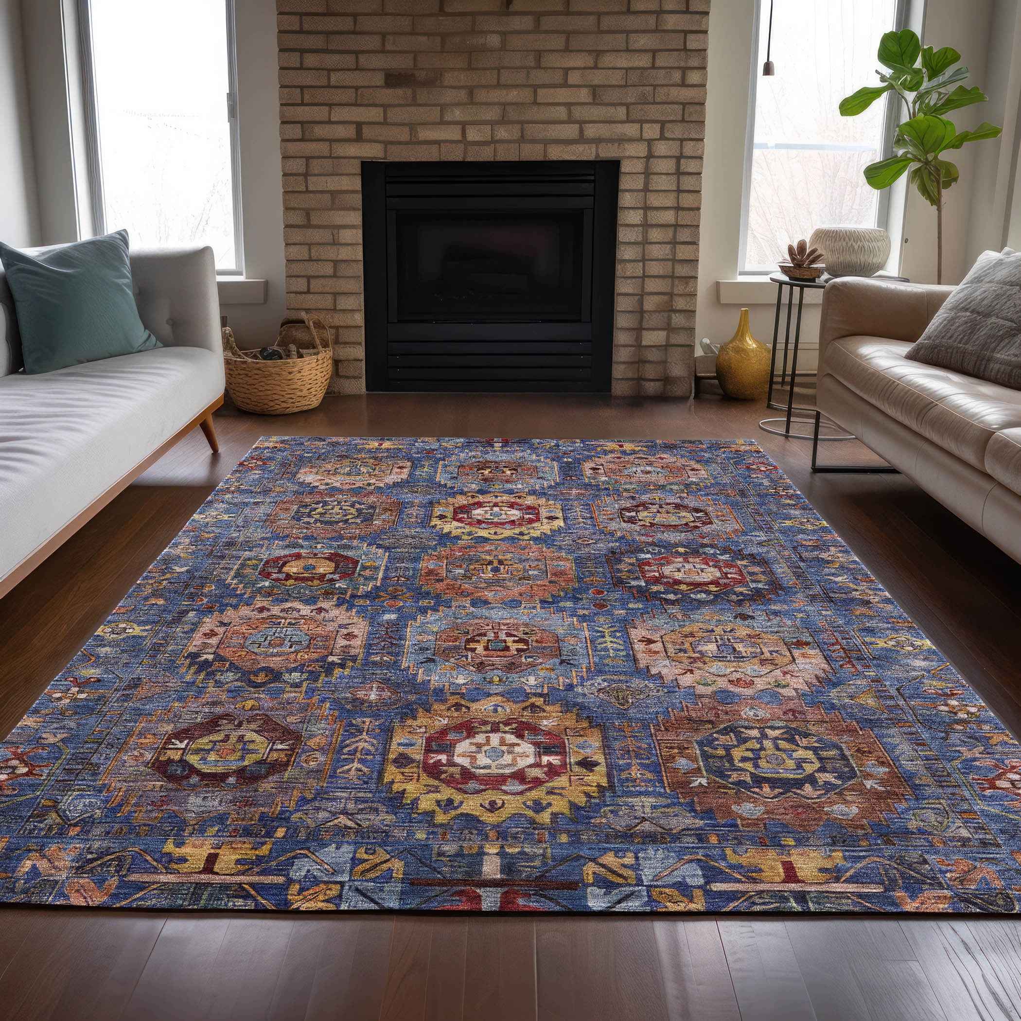 3' X 5' Denim Blue Merlot And Gold Medallion Washable Indoor Outdoor Area Rug
