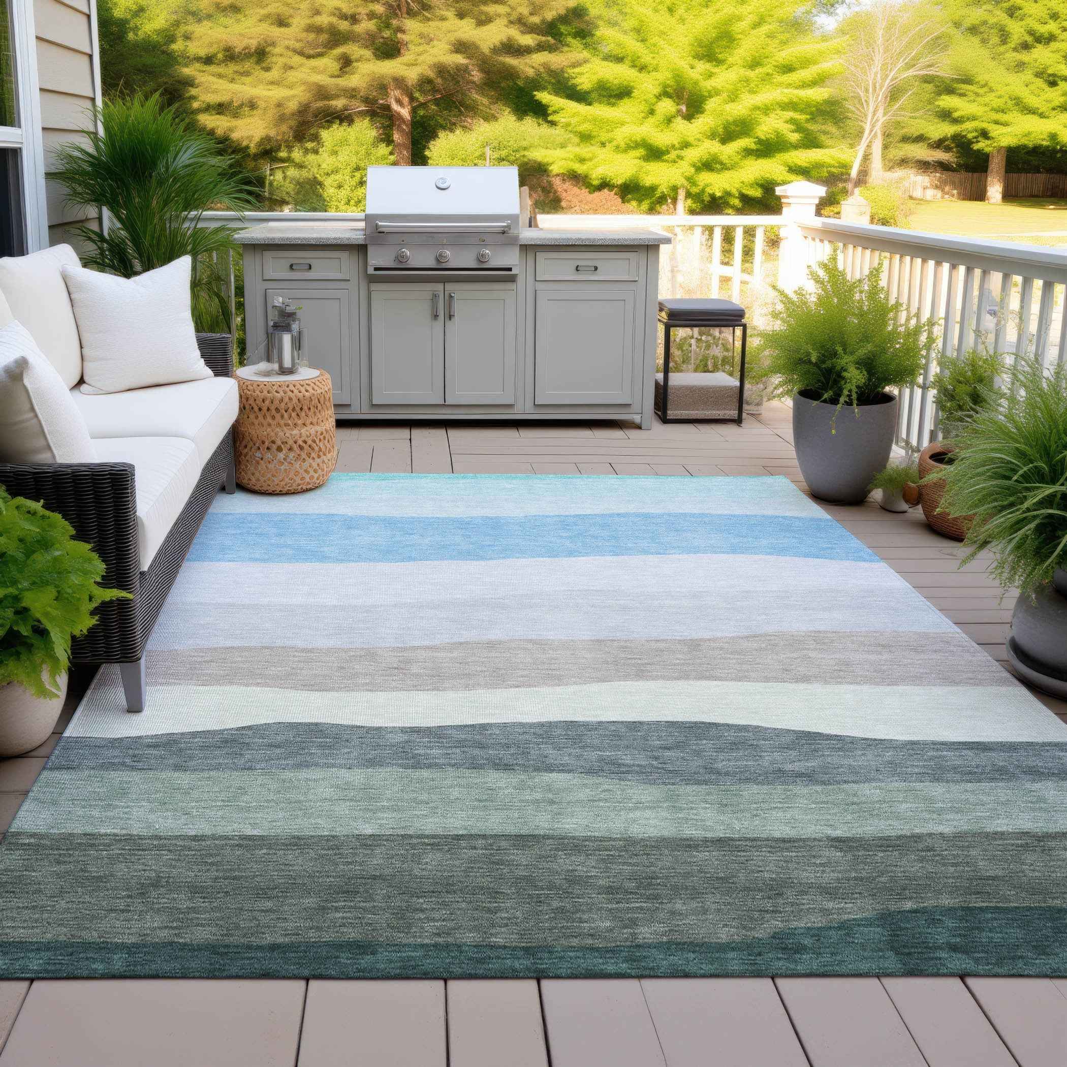 8' X 10' Green Blue And Gray Striped Washable Indoor Outdoor Area Rug