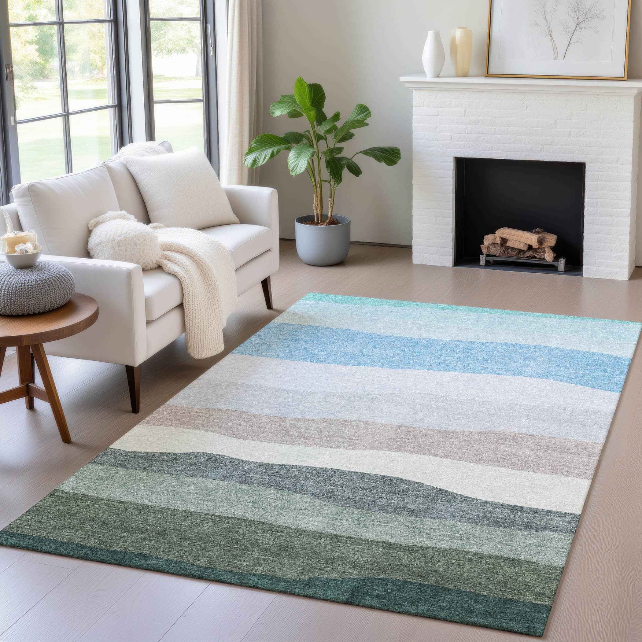 8' X 10' Green Blue And Gray Striped Washable Indoor Outdoor Area Rug
