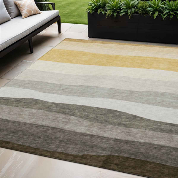 5' X 8' Pewter Gold And Ivory Striped Washable Indoor Outdoor Area Rug