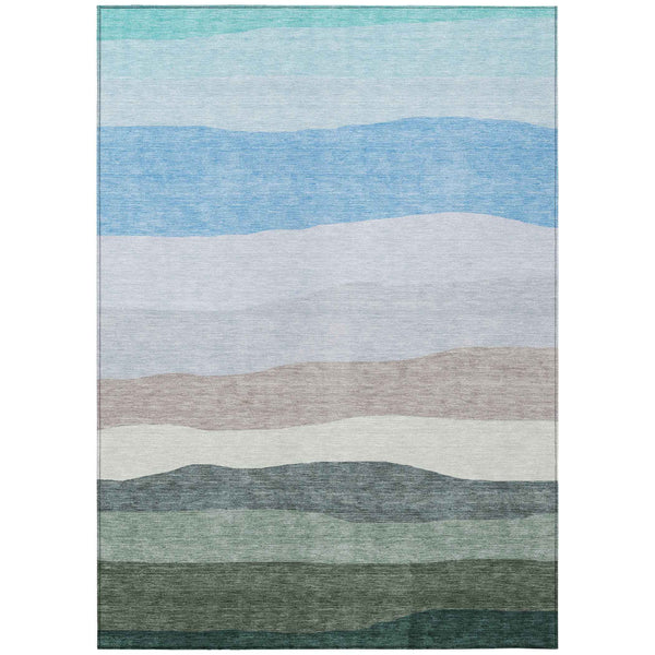 5' X 8' Green Blue And Gray Striped Washable Indoor Outdoor Area Rug
