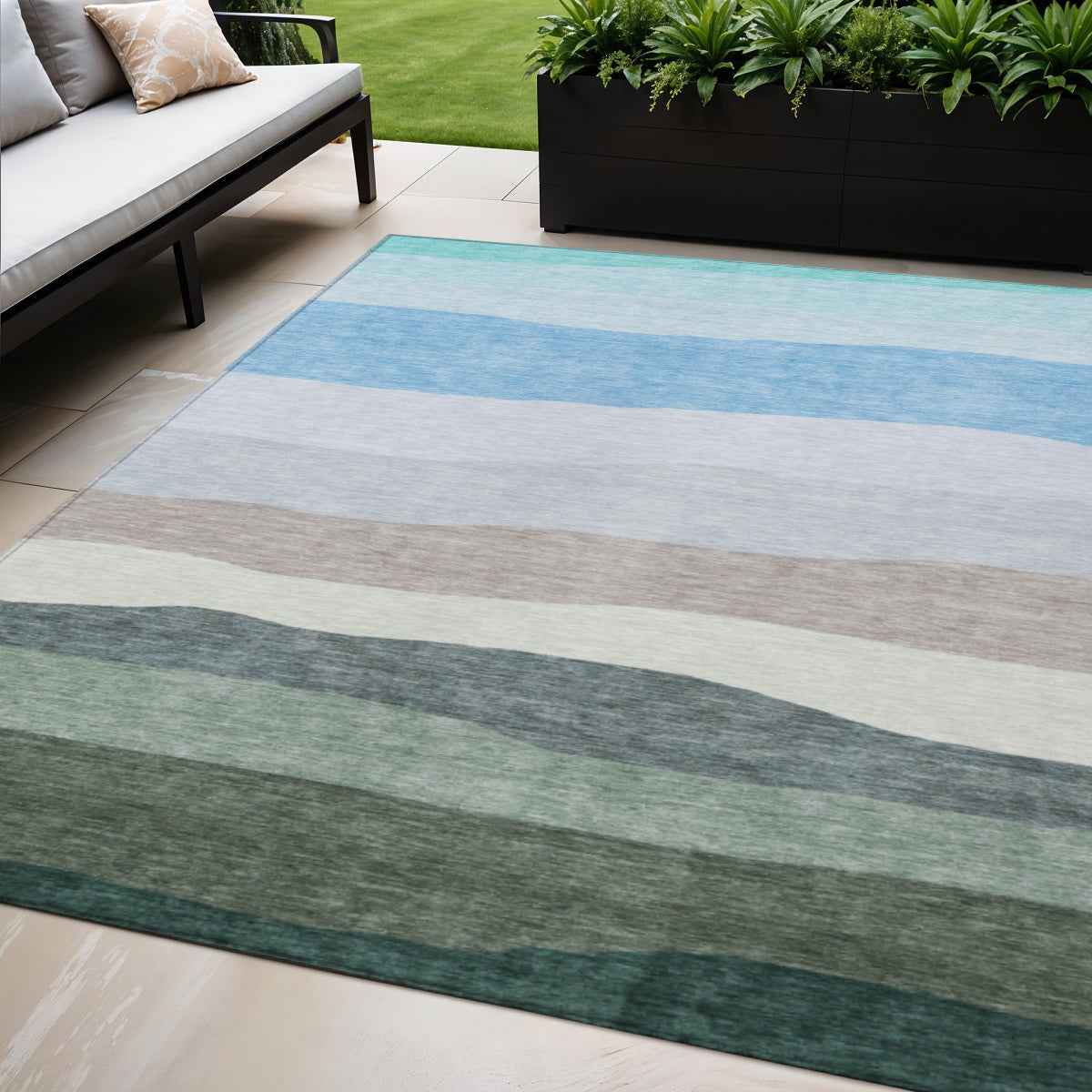 5' X 8' Green Blue And Gray Striped Washable Indoor Outdoor Area Rug