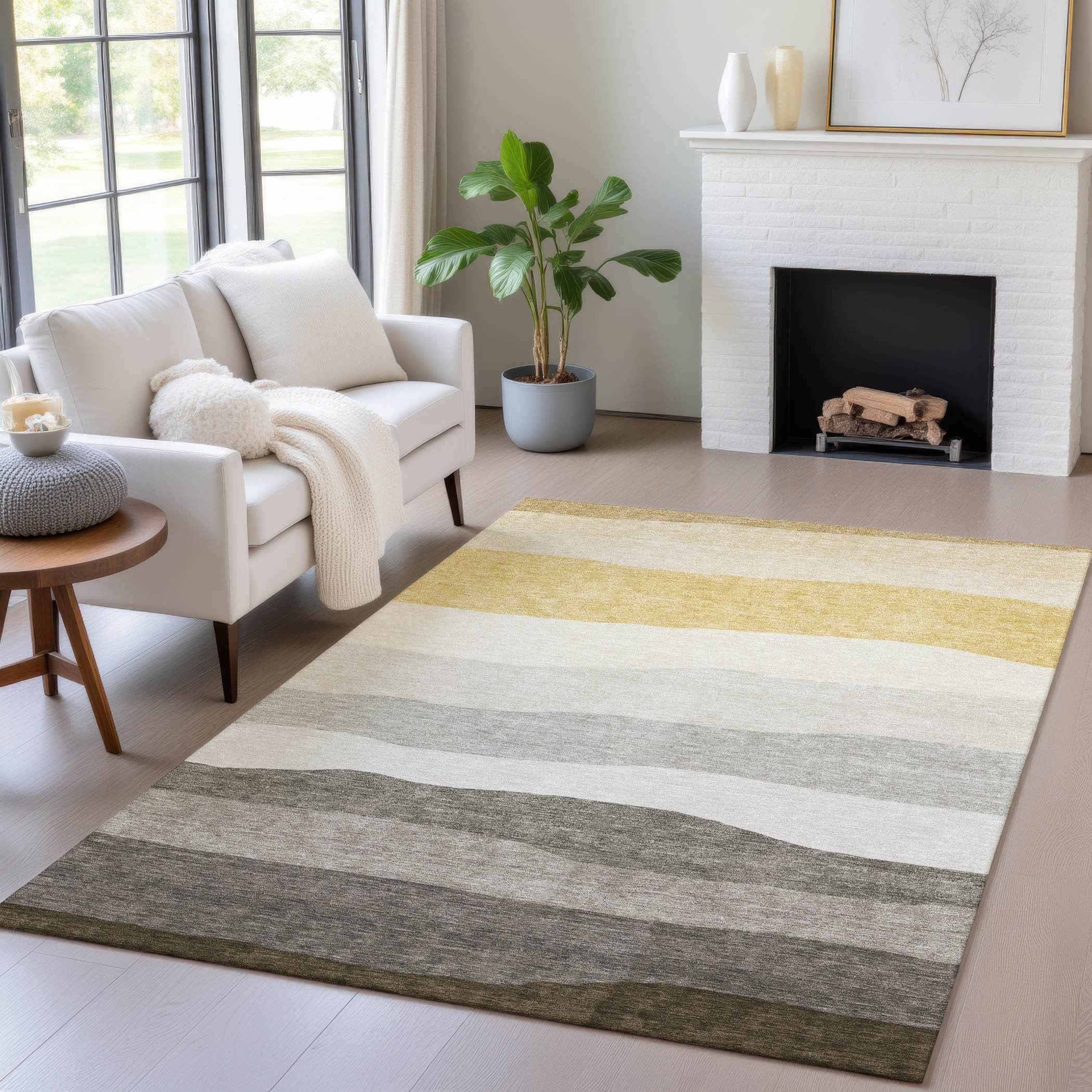 5' X 8' Pewter Gold And Ivory Striped Washable Indoor Outdoor Area Rug