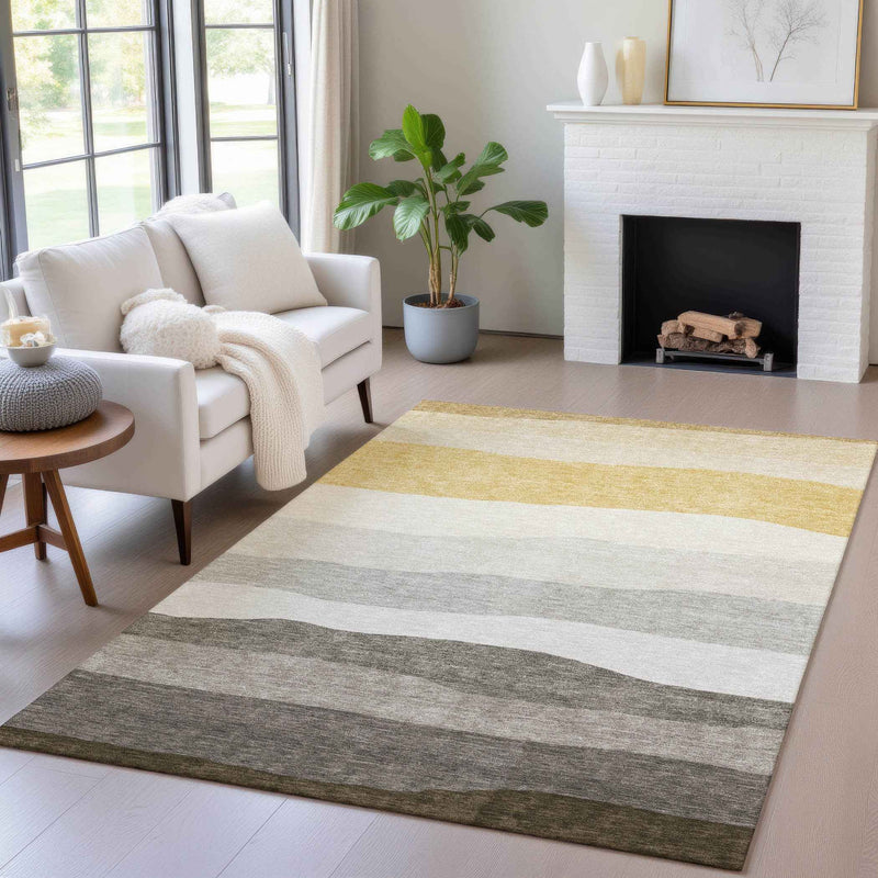 5' X 8' Pewter Gold And Ivory Striped Washable Indoor Outdoor Area Rug