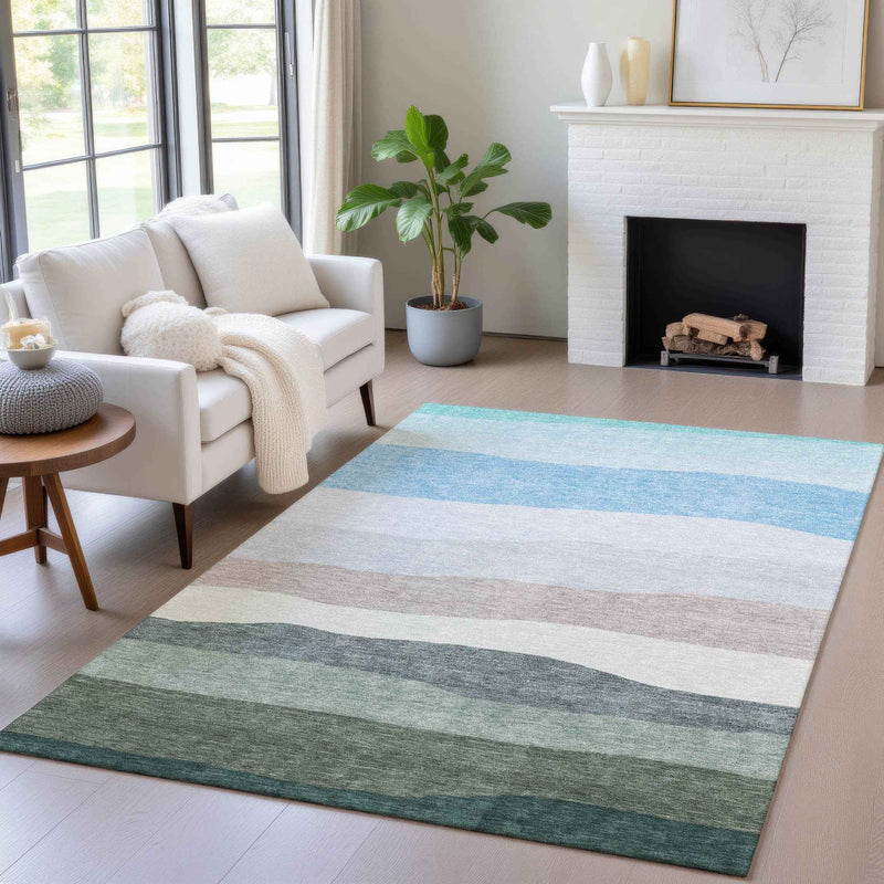 5' X 8' Green Blue And Gray Striped Washable Indoor Outdoor Area Rug