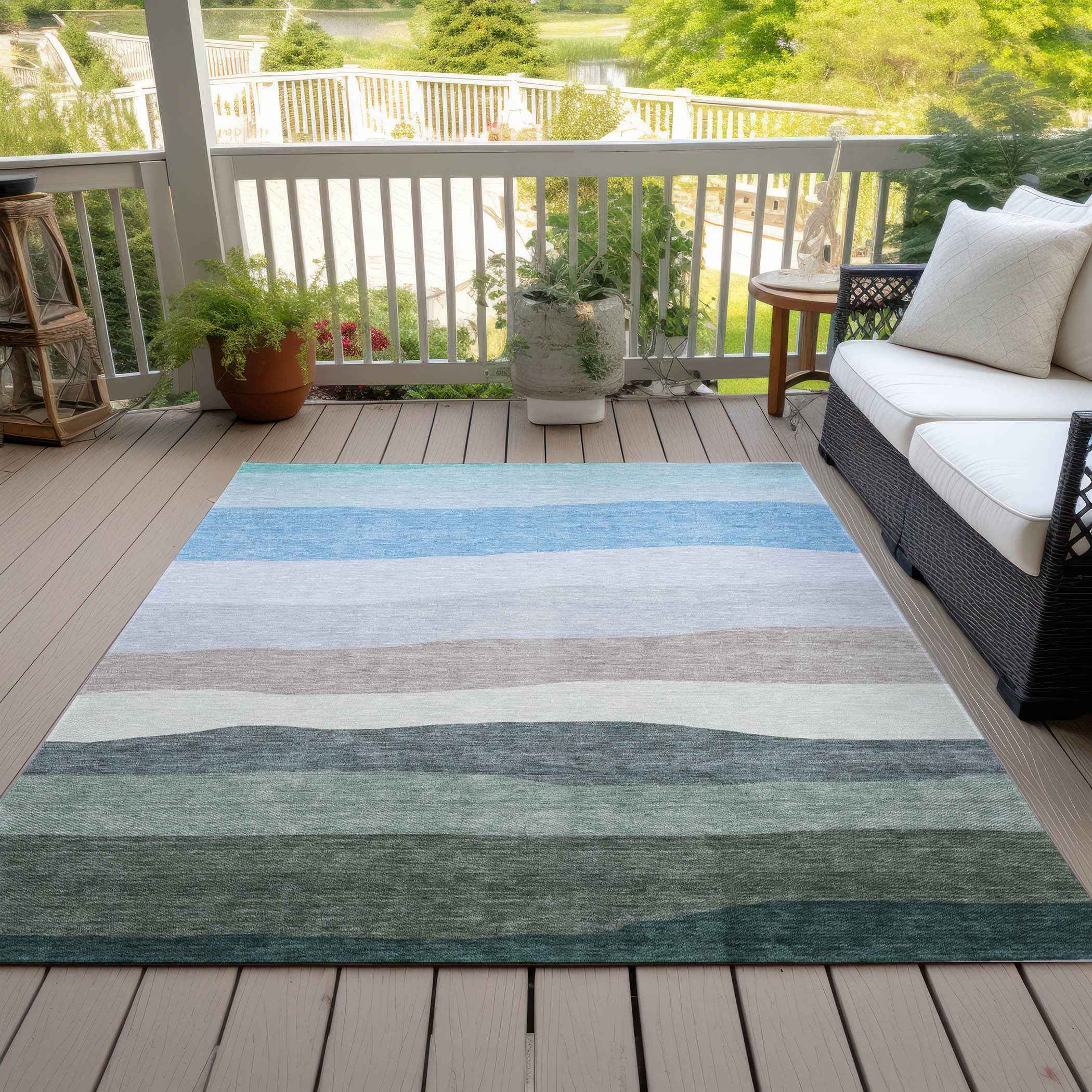 5' X 8' Green Blue And Gray Striped Washable Indoor Outdoor Area Rug