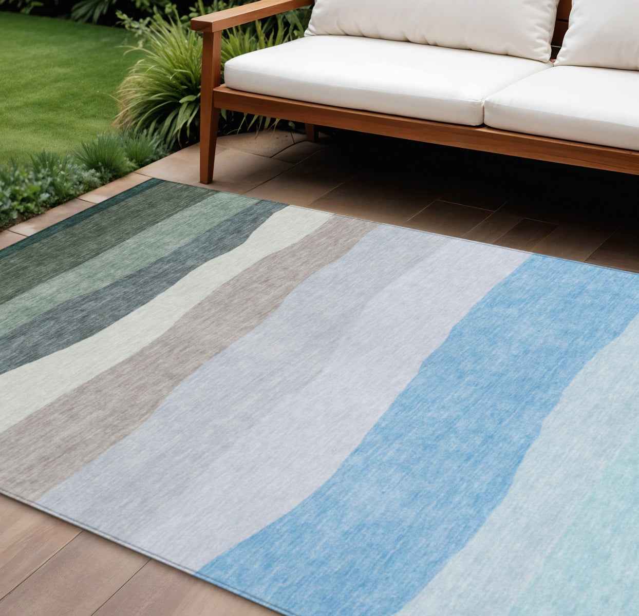 3' X 5' Green Blue And Gray Striped Washable Indoor Outdoor Area Rug