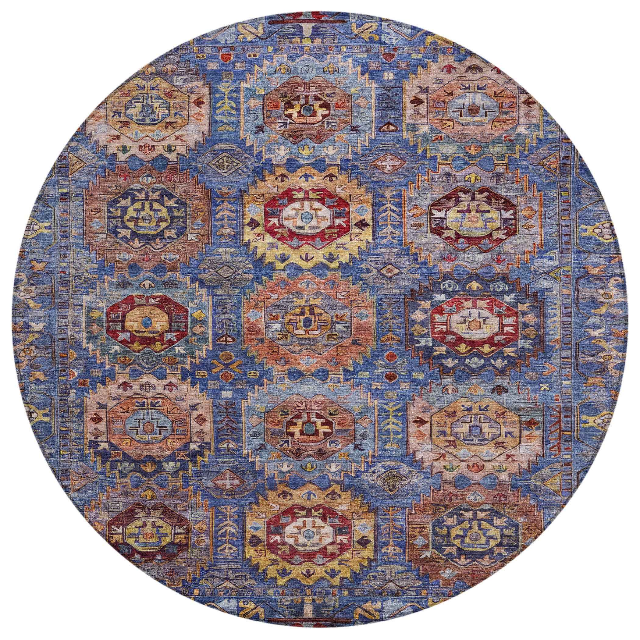 8' Denim Blue Merlot And Gold Round Medallion Washable Indoor Outdoor Area Rug