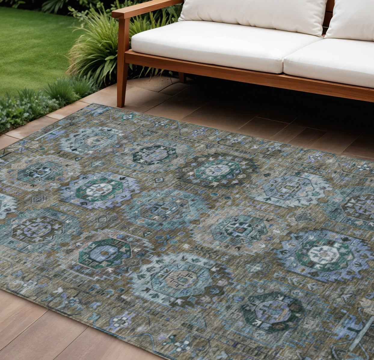 8' X 10' Brown Gray And Teal Blue Medallion Washable Indoor Outdoor Area Rug