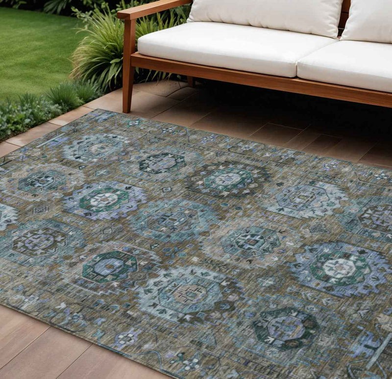 8' X 10' Brown Gray And Teal Blue Medallion Washable Indoor Outdoor Area Rug