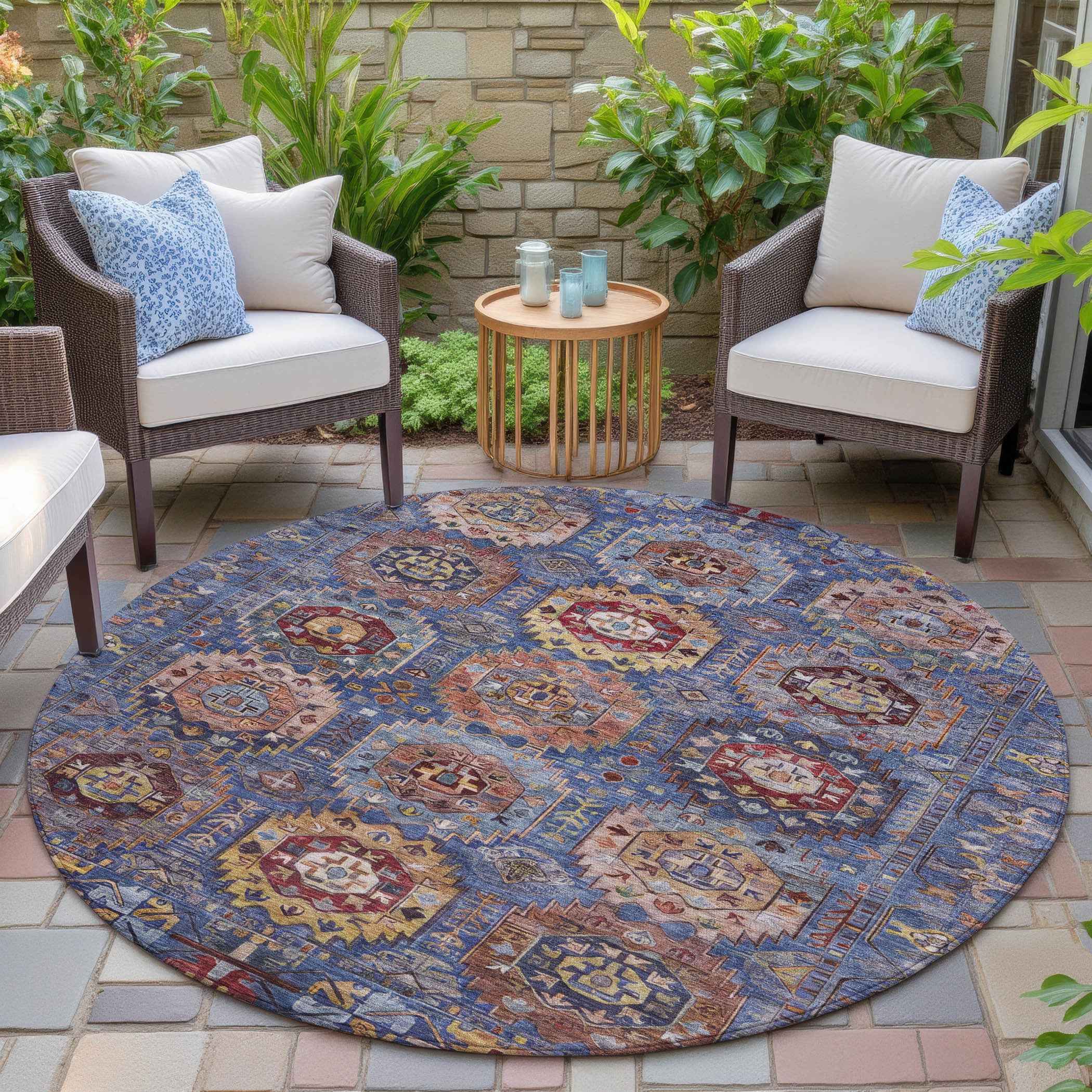 8' Denim Blue Merlot And Gold Round Medallion Washable Indoor Outdoor Area Rug