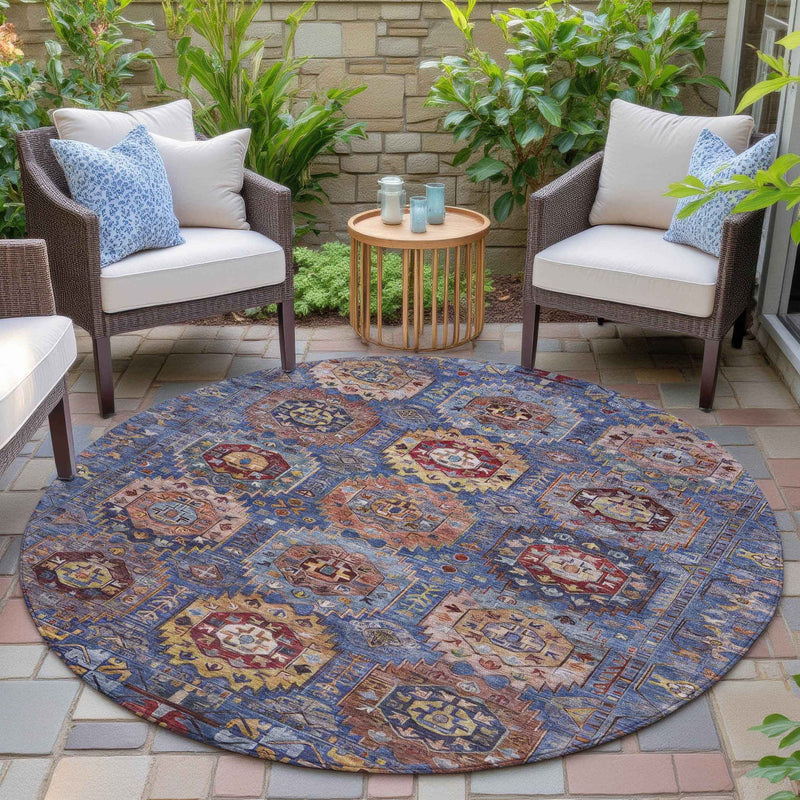 8' Denim Blue Merlot And Gold Round Medallion Washable Indoor Outdoor Area Rug
