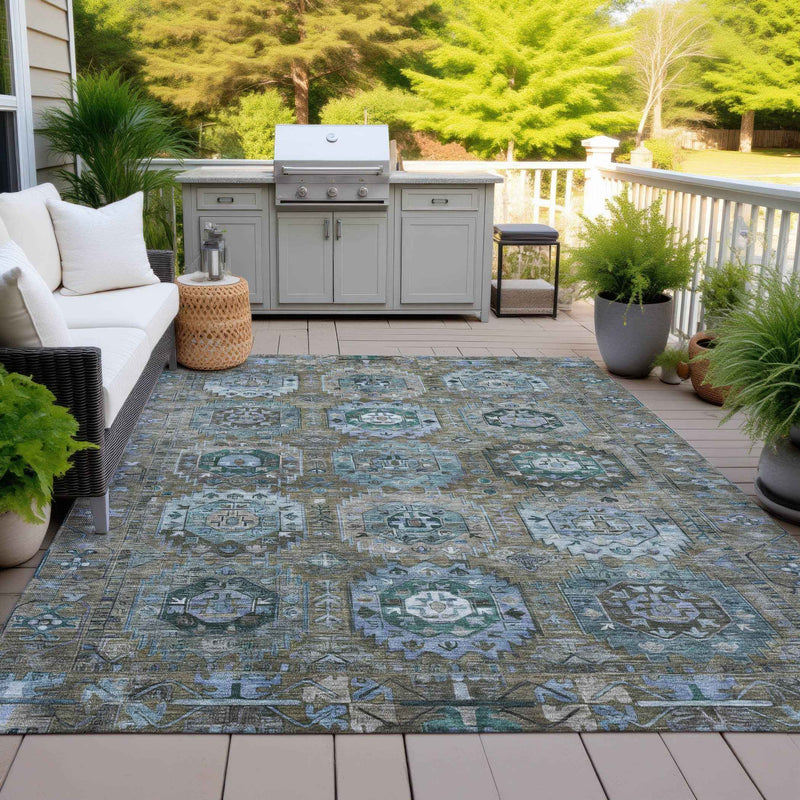 8' X 10' Brown Gray And Teal Blue Medallion Washable Indoor Outdoor Area Rug