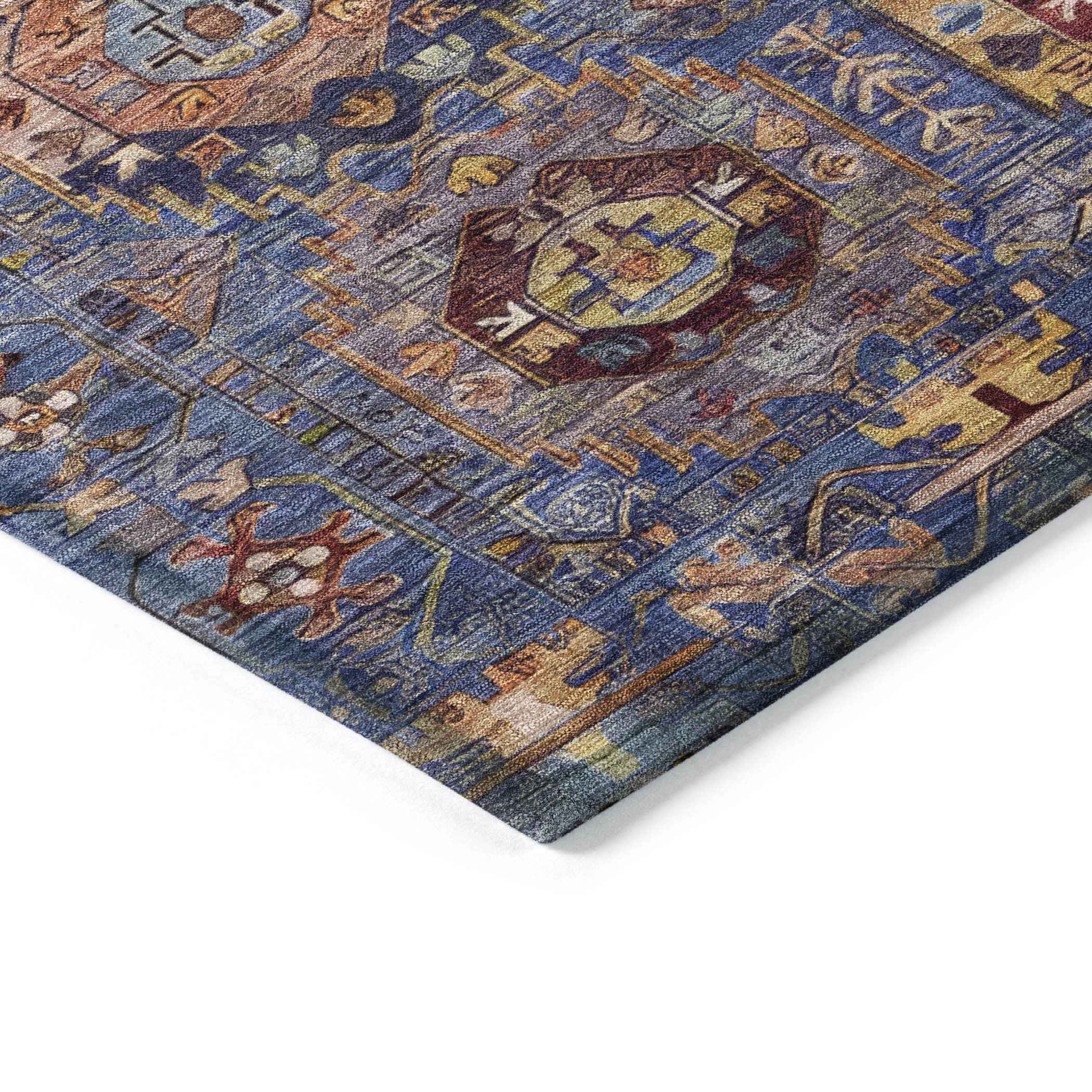 8' Denim Blue Merlot And Gold Round Medallion Washable Indoor Outdoor Area Rug