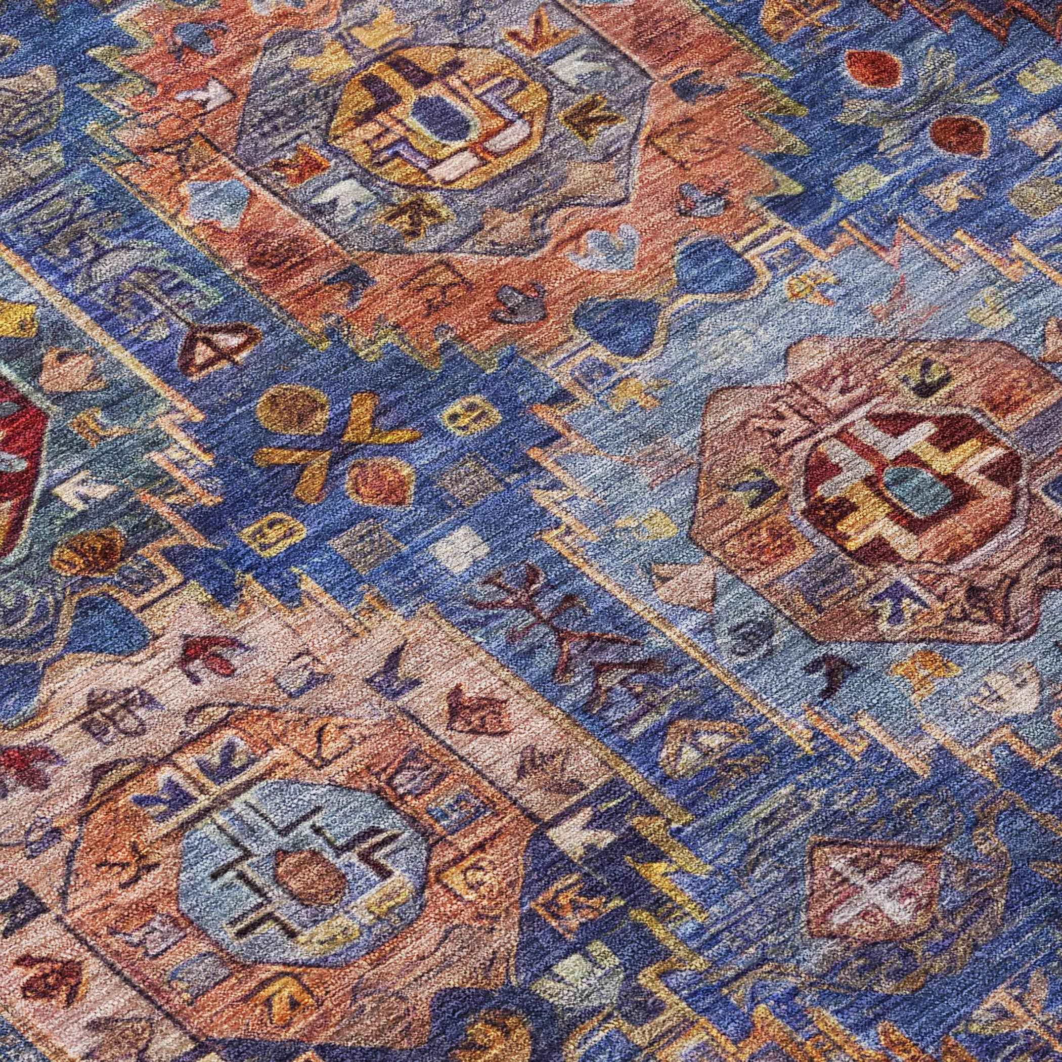 8' Denim Blue Merlot And Gold Round Medallion Washable Indoor Outdoor Area Rug