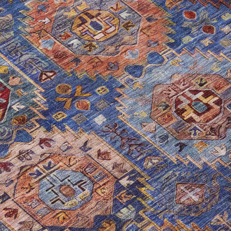 8' Denim Blue Merlot And Gold Round Medallion Washable Indoor Outdoor Area Rug