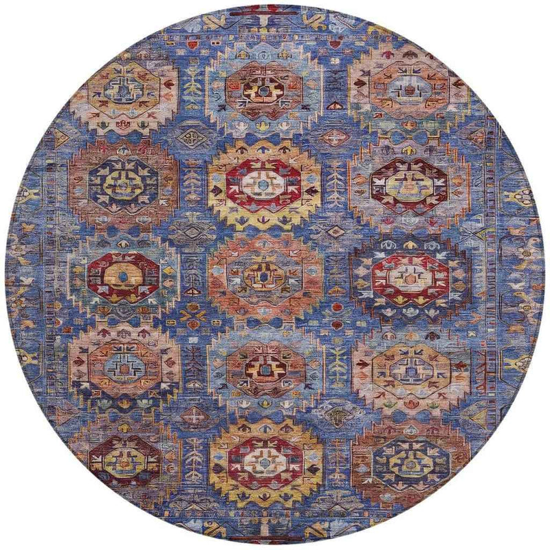 8' Denim Blue Merlot And Gold Round Medallion Washable Indoor Outdoor Area Rug
