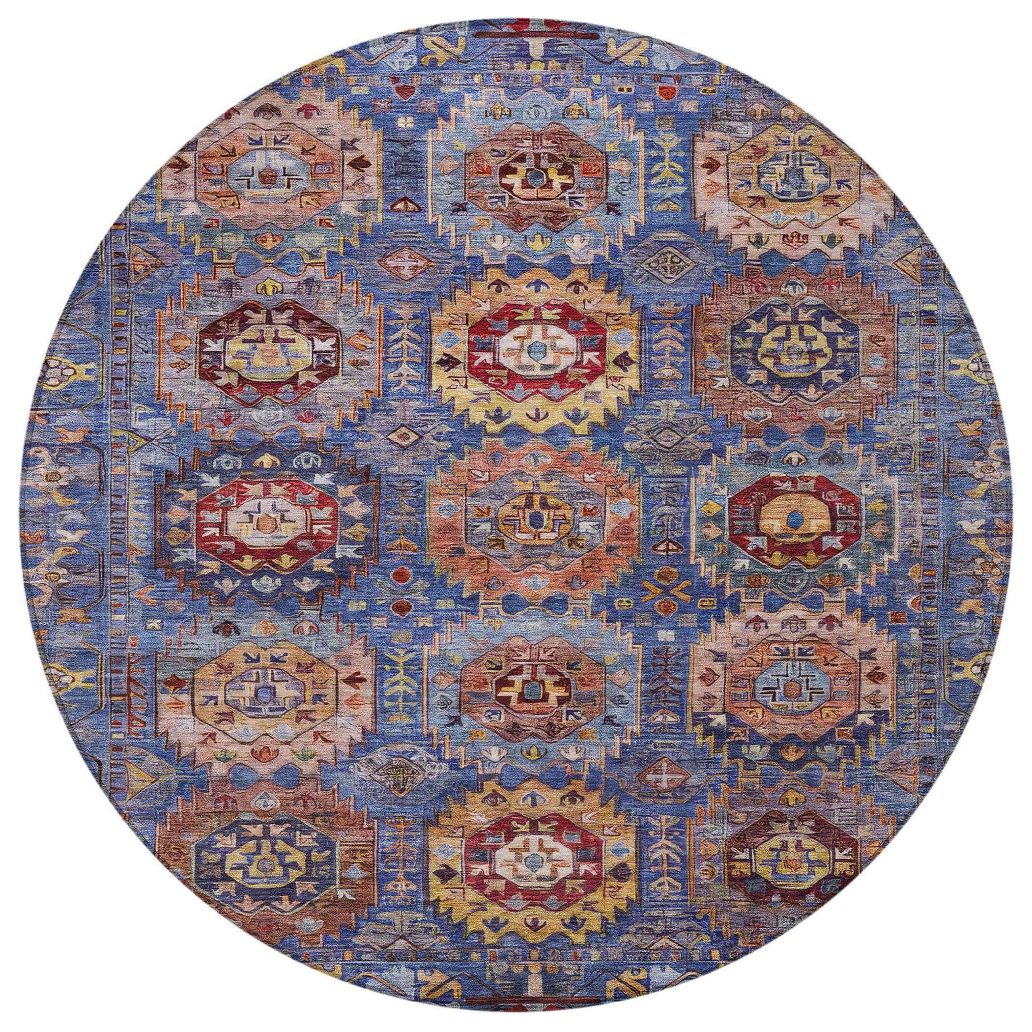 8' Denim Blue Merlot And Gold Round Medallion Washable Indoor Outdoor Area Rug