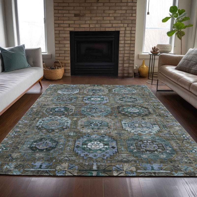 8' X 10' Brown Gray And Teal Blue Medallion Washable Indoor Outdoor Area Rug