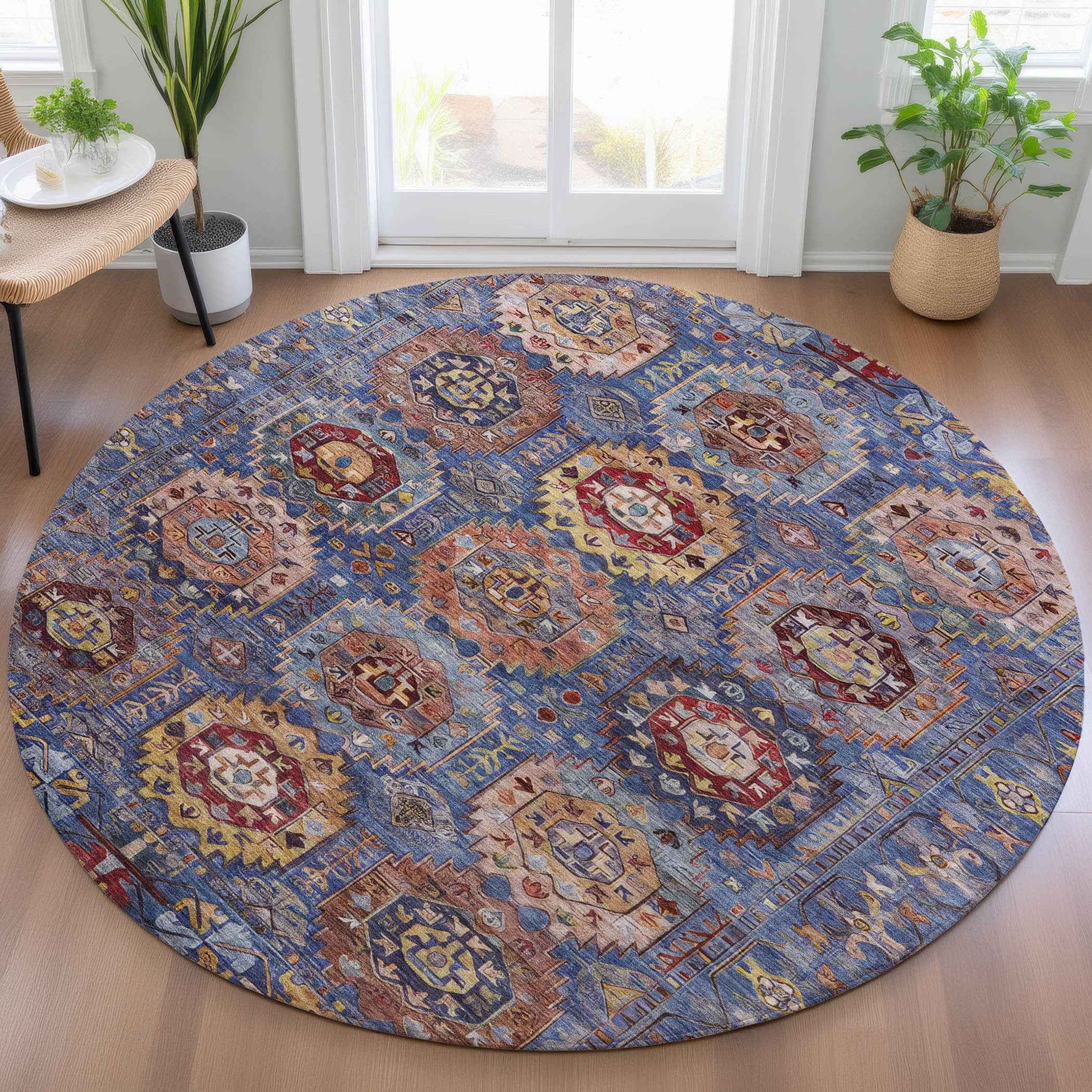 8' Denim Blue Merlot And Gold Round Medallion Washable Indoor Outdoor Area Rug
