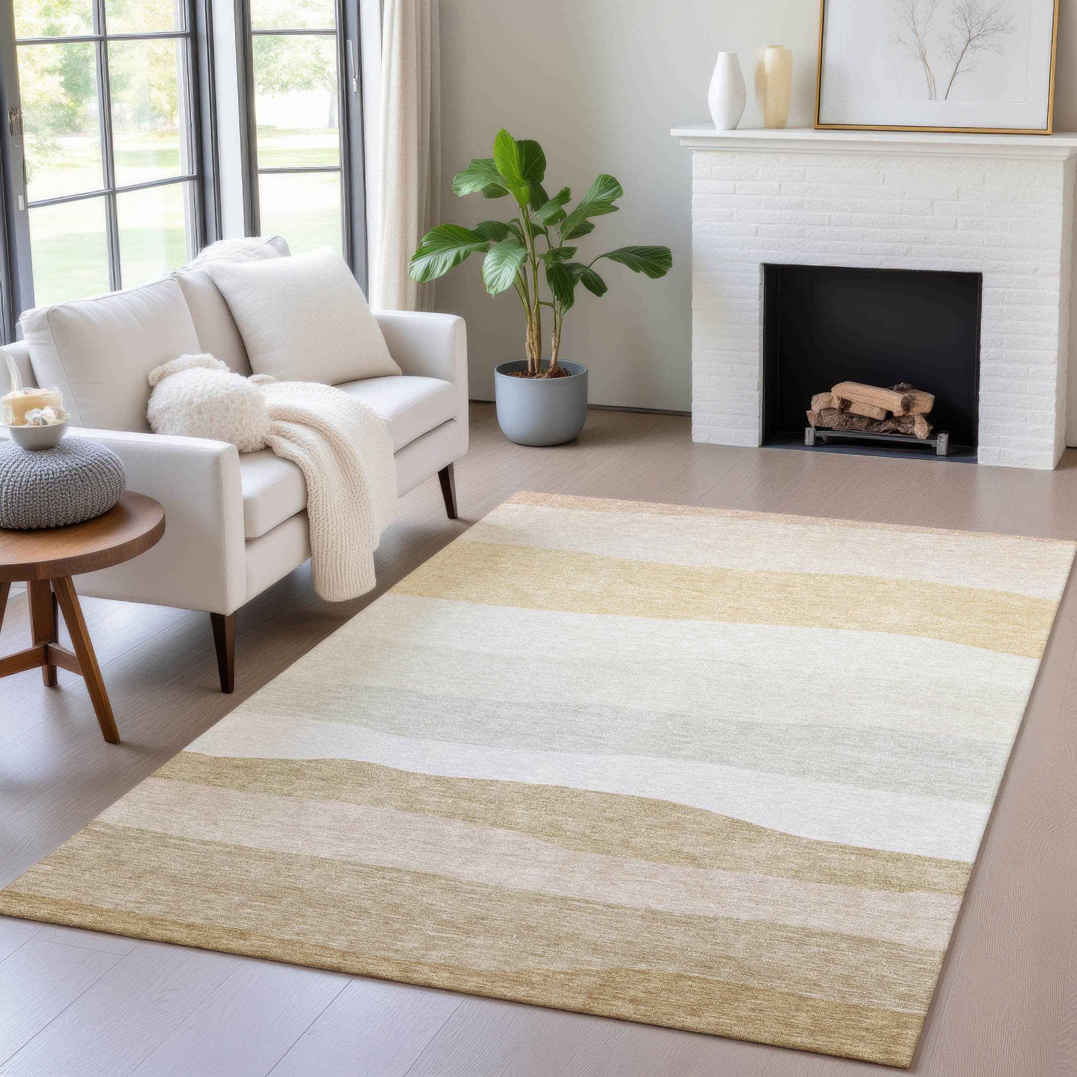 3' X 5' Wheat Gold And Beige Striped Washable Indoor Outdoor Area Rug